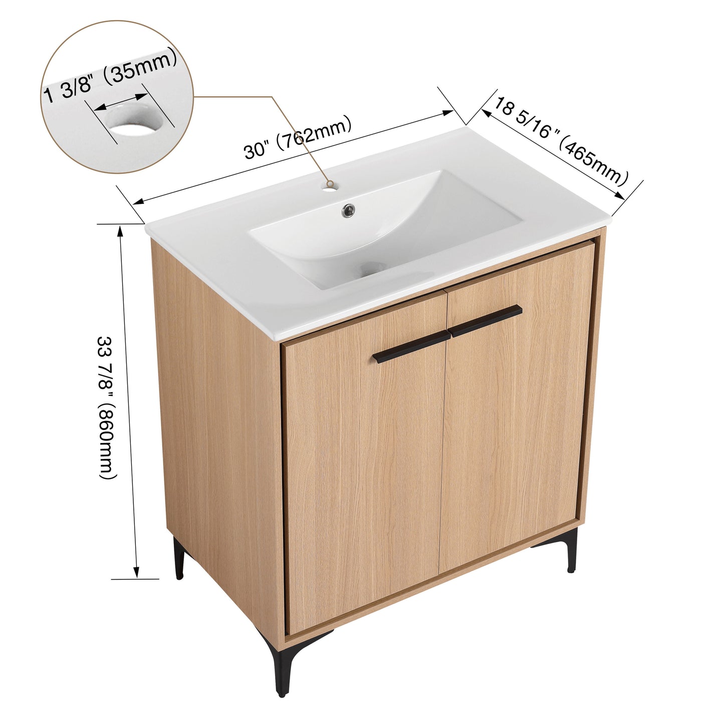 30" Bathroom Vanity Base With Basin And Storage Cabinet - Oak