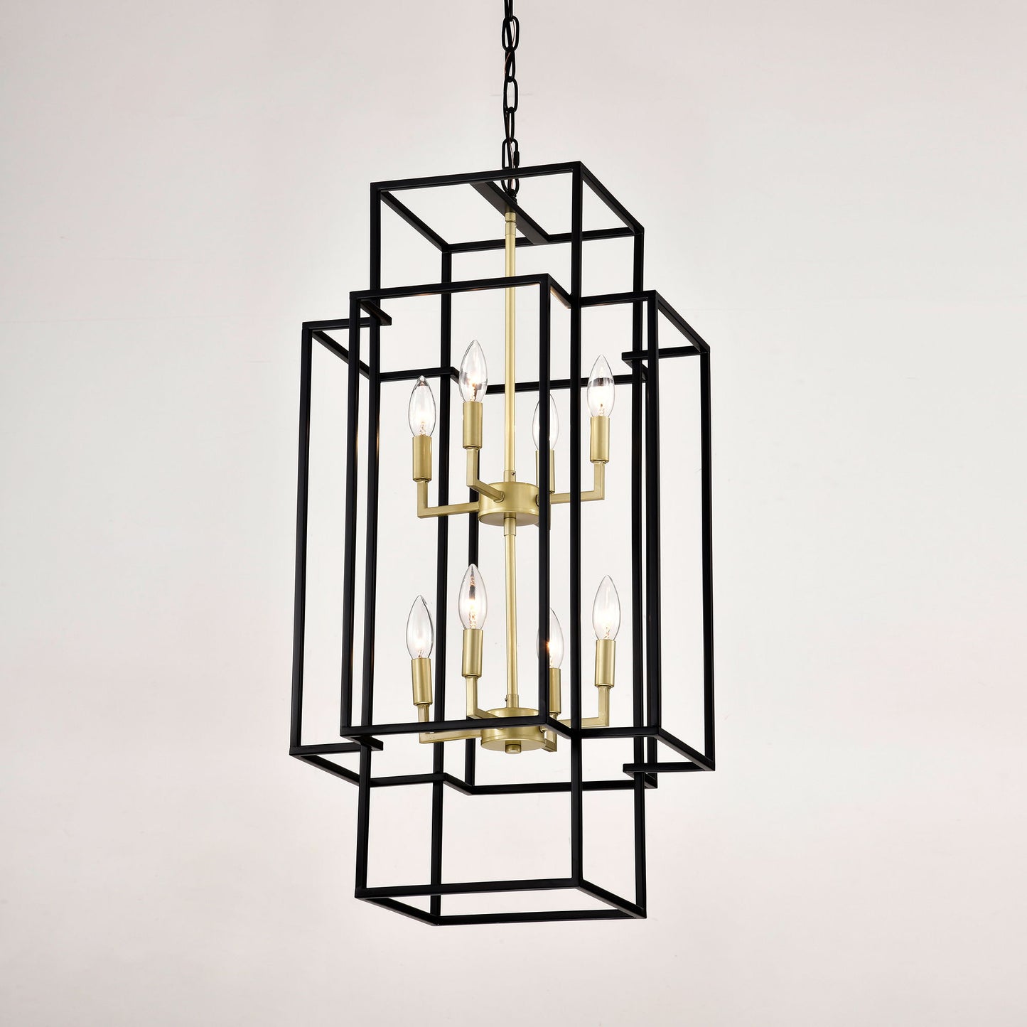 8 Light Metal Lantern Tiered Pendant Hanging Light Fixtures, Industrial Farmhouse Adjustable Height Chandeliers For Dining Room Hallway Foyer Entryway (E12 Bulbs Not Included) - Matte Black / Gold