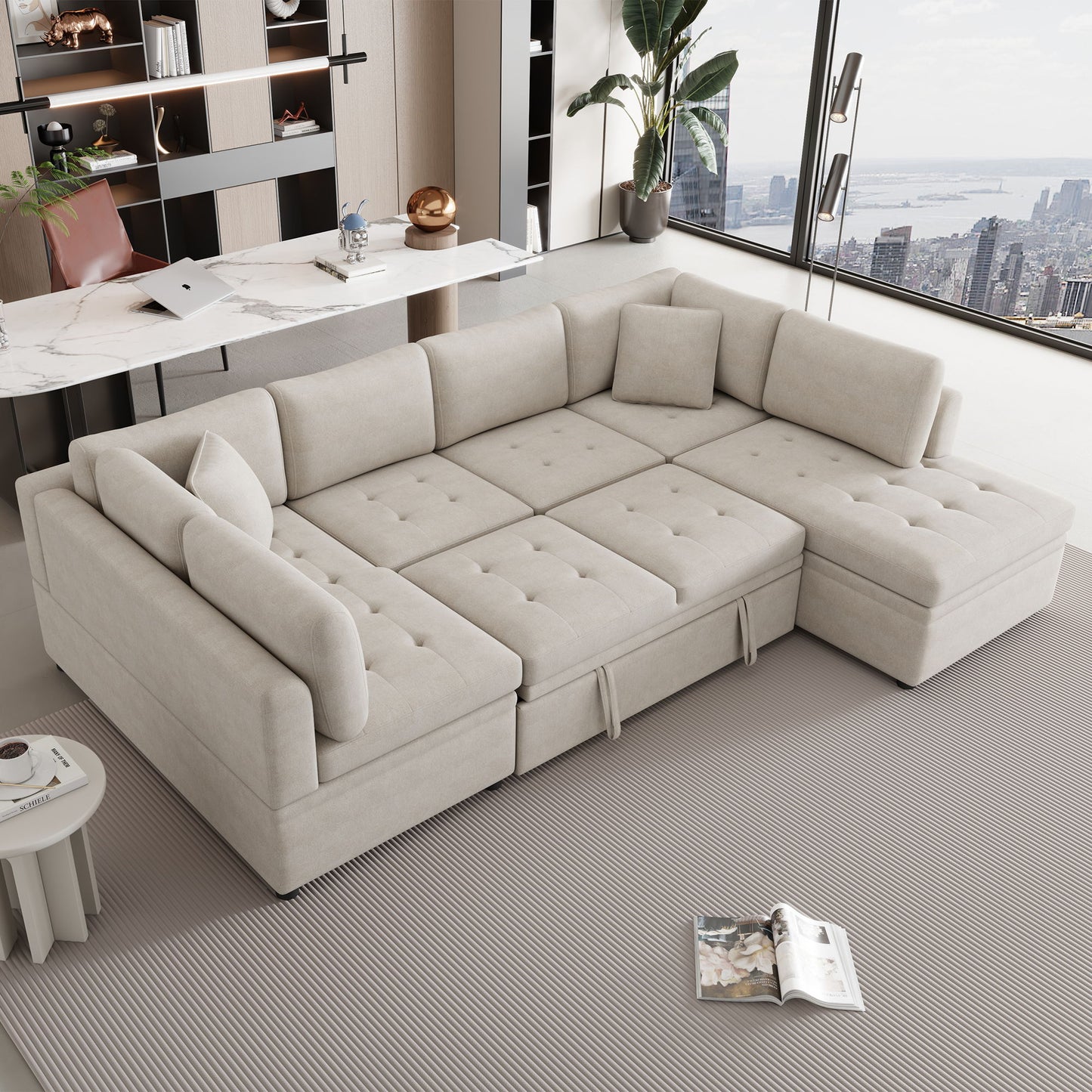 Oversized Sectional Sofa U-Shaped Sofa Couch Pull-Out Sofa Bed With Two Throw Pillows For Living Room - Beige