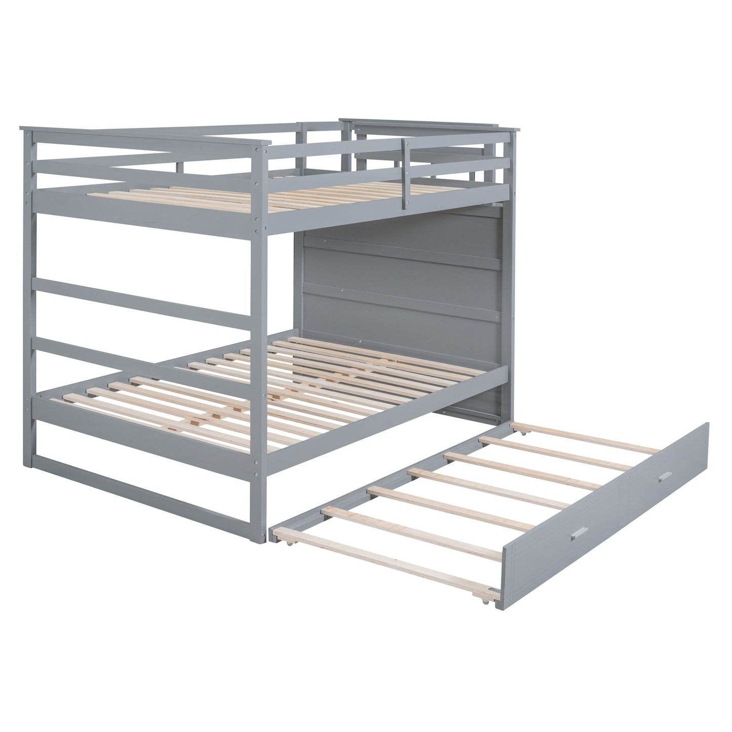 Full Over Full Bunk Bed With Twin Size Trundle And Staircase - Gray