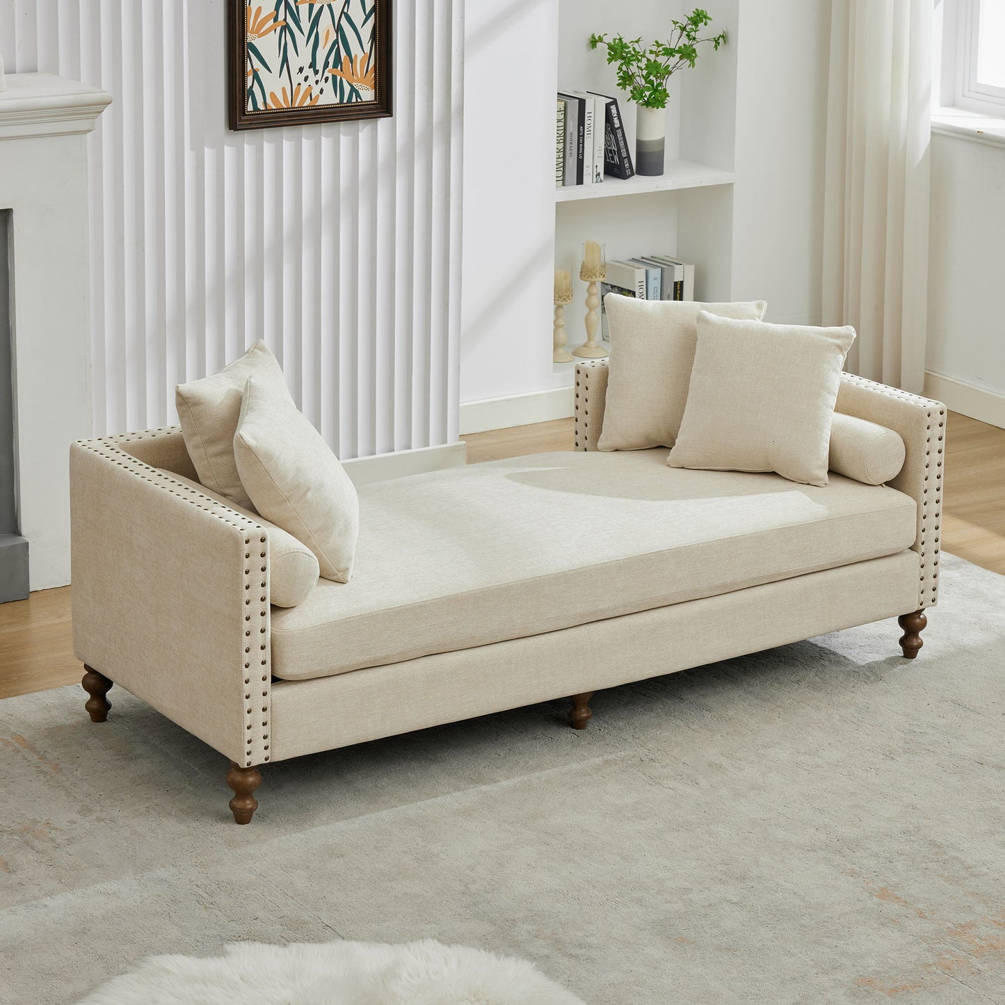 Chenille Upholstered Chaise Lounge With Nailheads, Sleeper Sofa Couch With 4 Throw Pillows & 2 Bolsters, Daybed With Rubberwood Legs - Beige