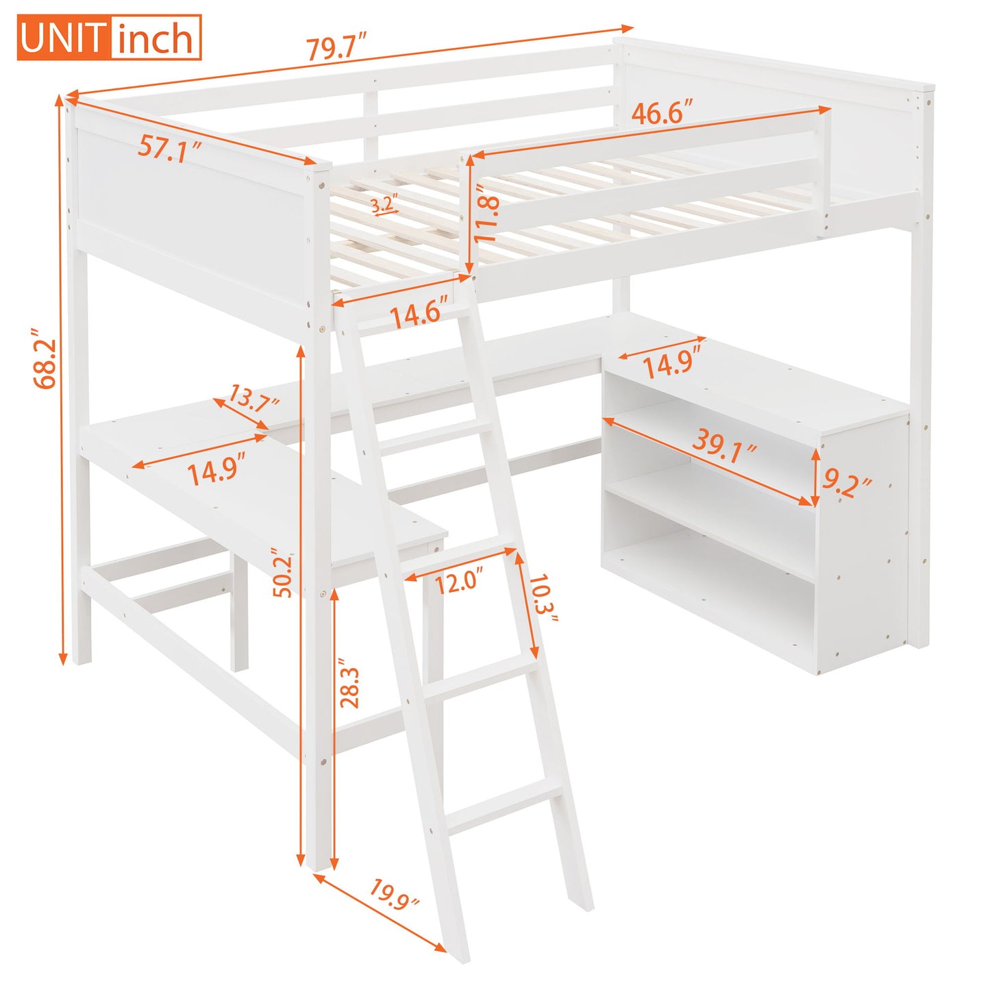 Full Size Loft Bed With Shelves With Desk - White