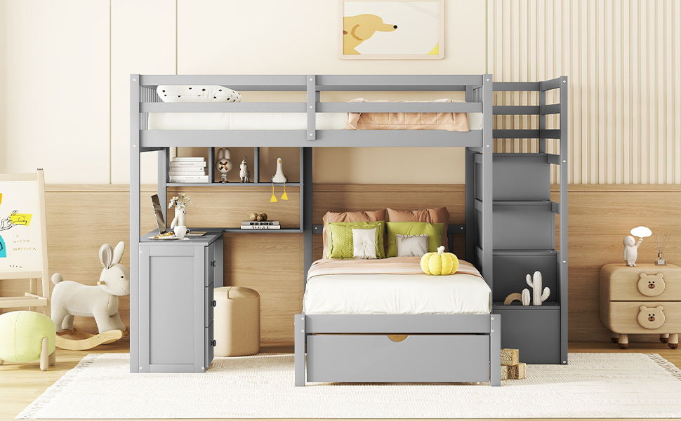 Full Over Twin Bunk Bed With Desk, Drawers And Shelves - Gray