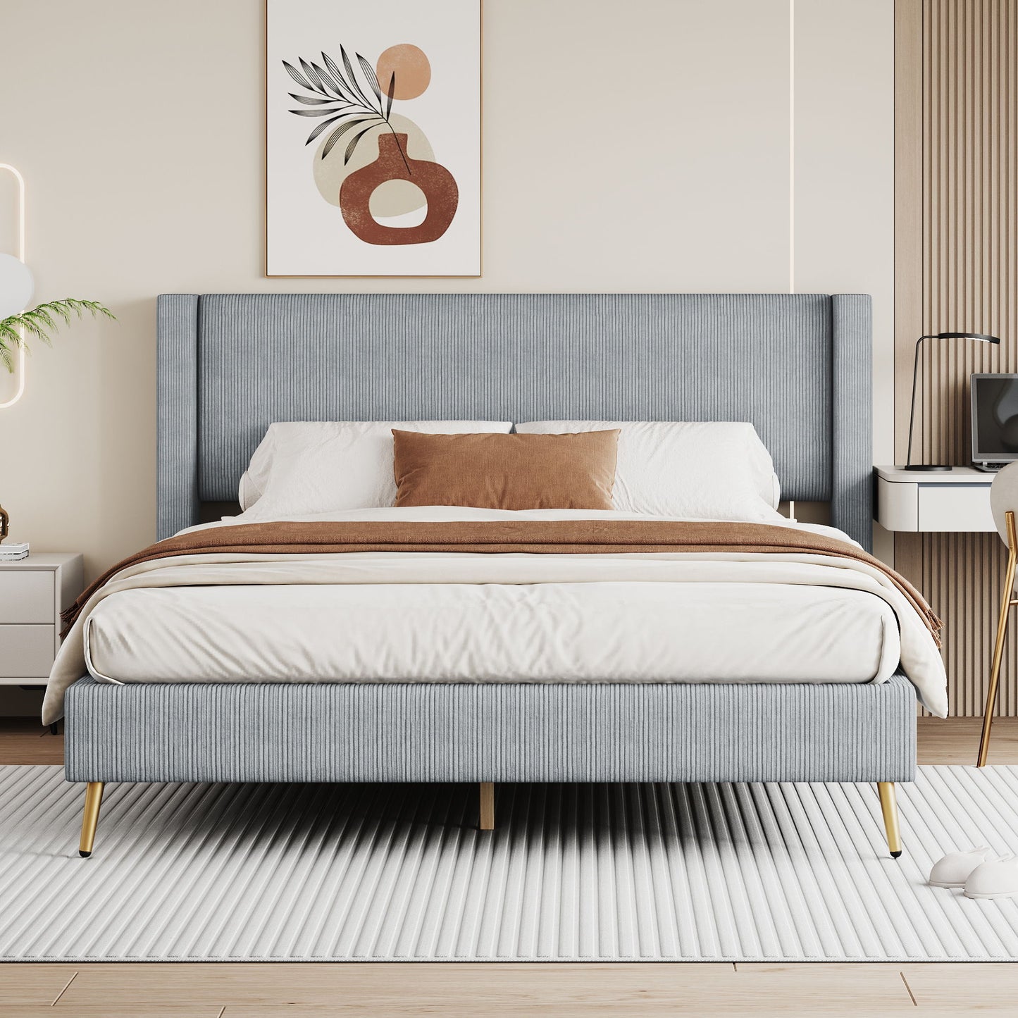 Queen Size Platform Contemporary Bed With Legs - Gray