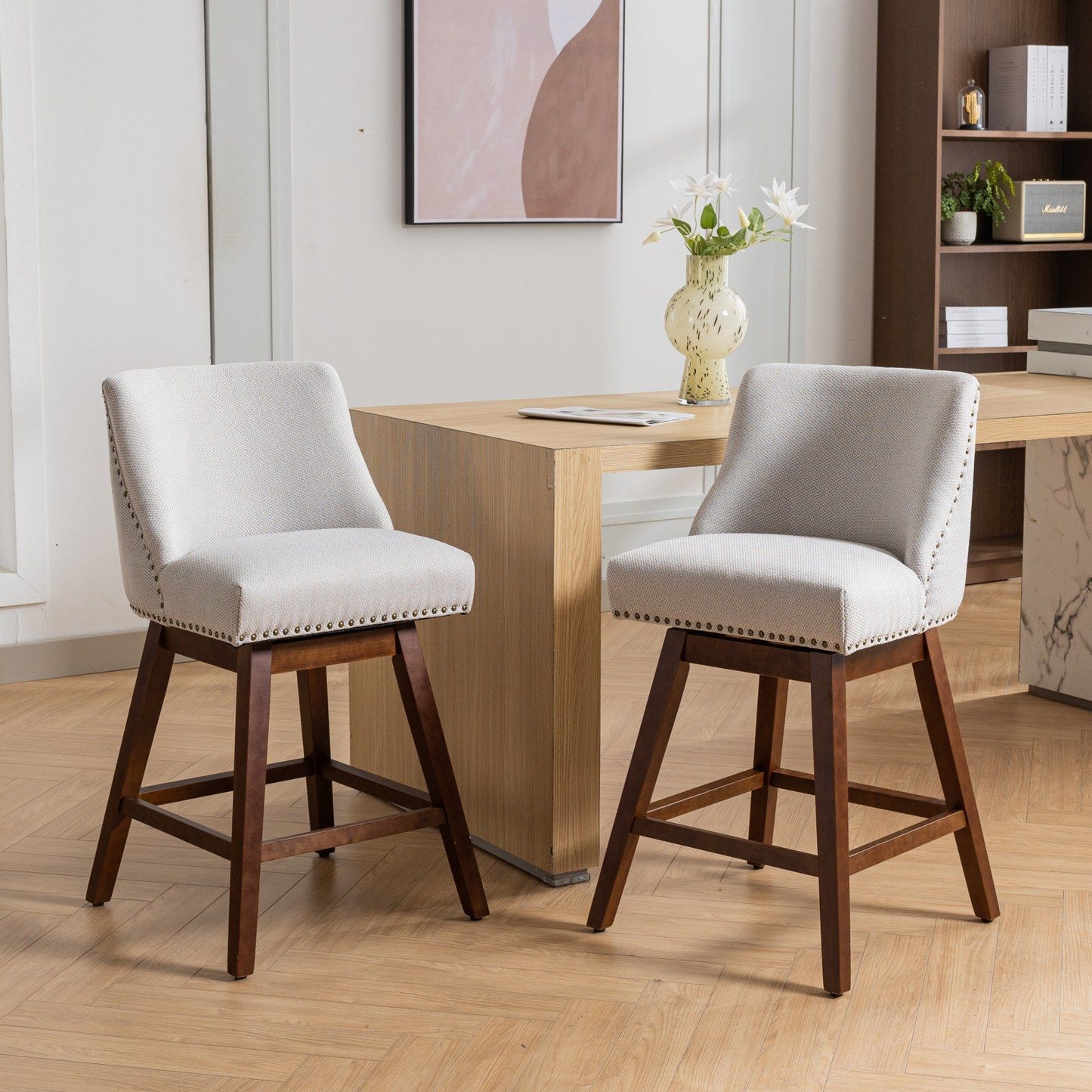 Counter Height Swivel Barstools, Upholstered Bar Stools (Set of 2) - Ivory