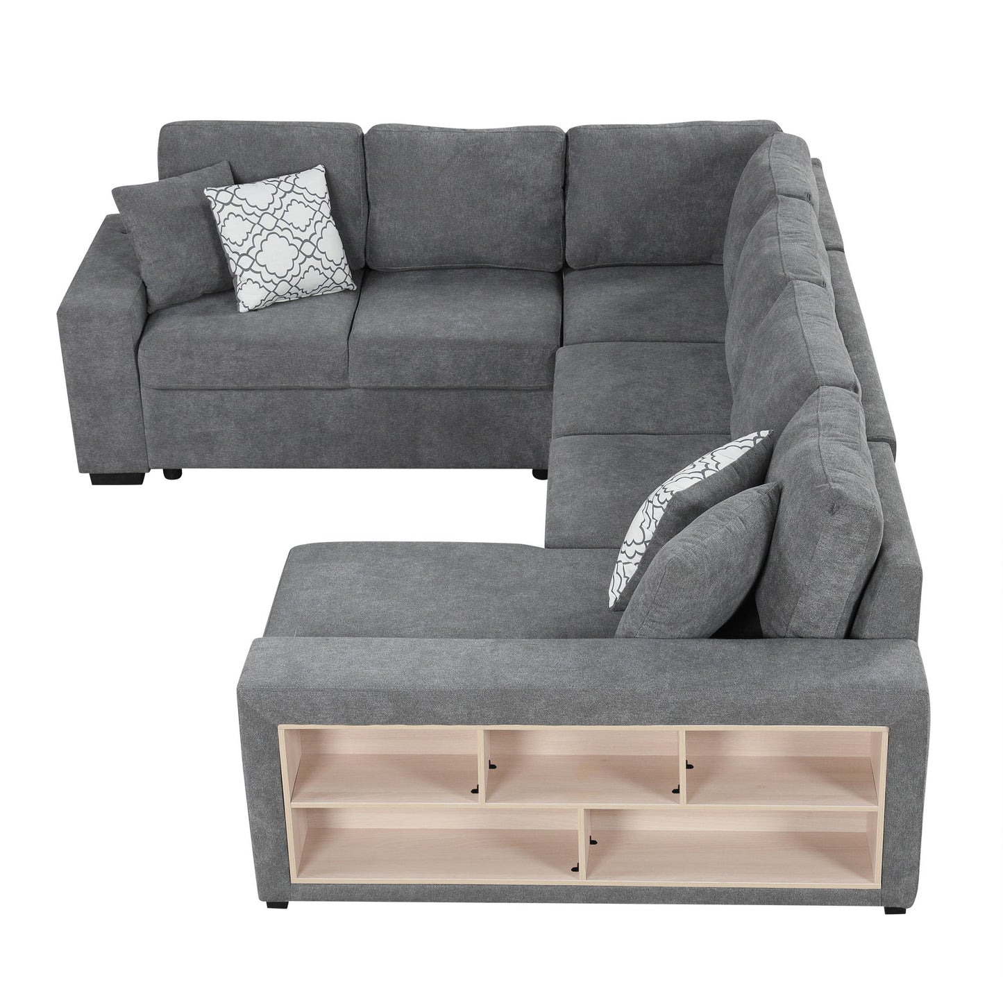 U-Shaped Sectional Sofa Pull-Out Sofa Bed With Two USB Ports, A Storage Chaise Lounge And Four Back Pillows For Living Room - Gray