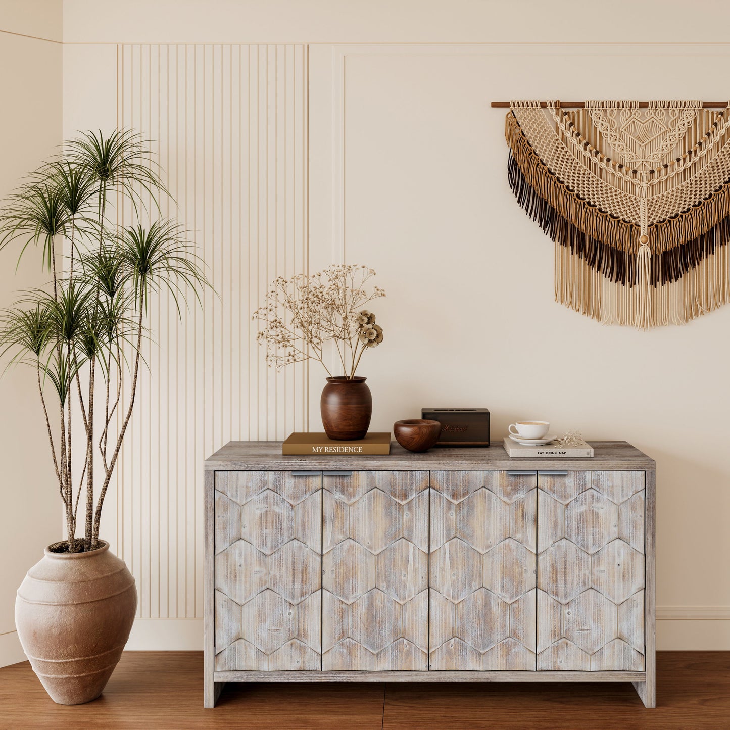 Accent Cabinet Farmhouse Style 4 Door Wooden Cabinet Sideboard Buffet Server Cabinet Storage Cabinet, For Living Room, Entryway, Hallway, Office, Kitchen And Dining Room - Natural Wood Wash