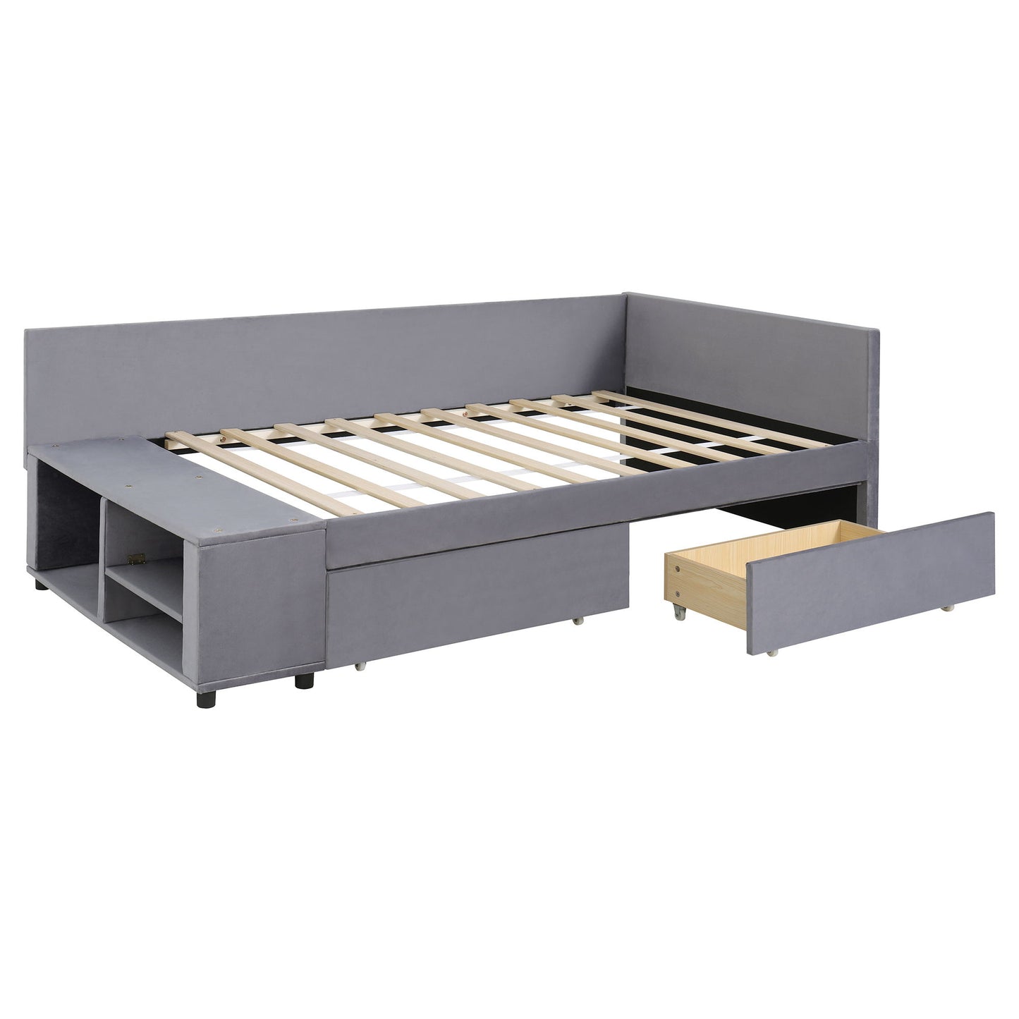 Twin L Shaped Upholstered Platform Bed With Storage Drawers - Gray