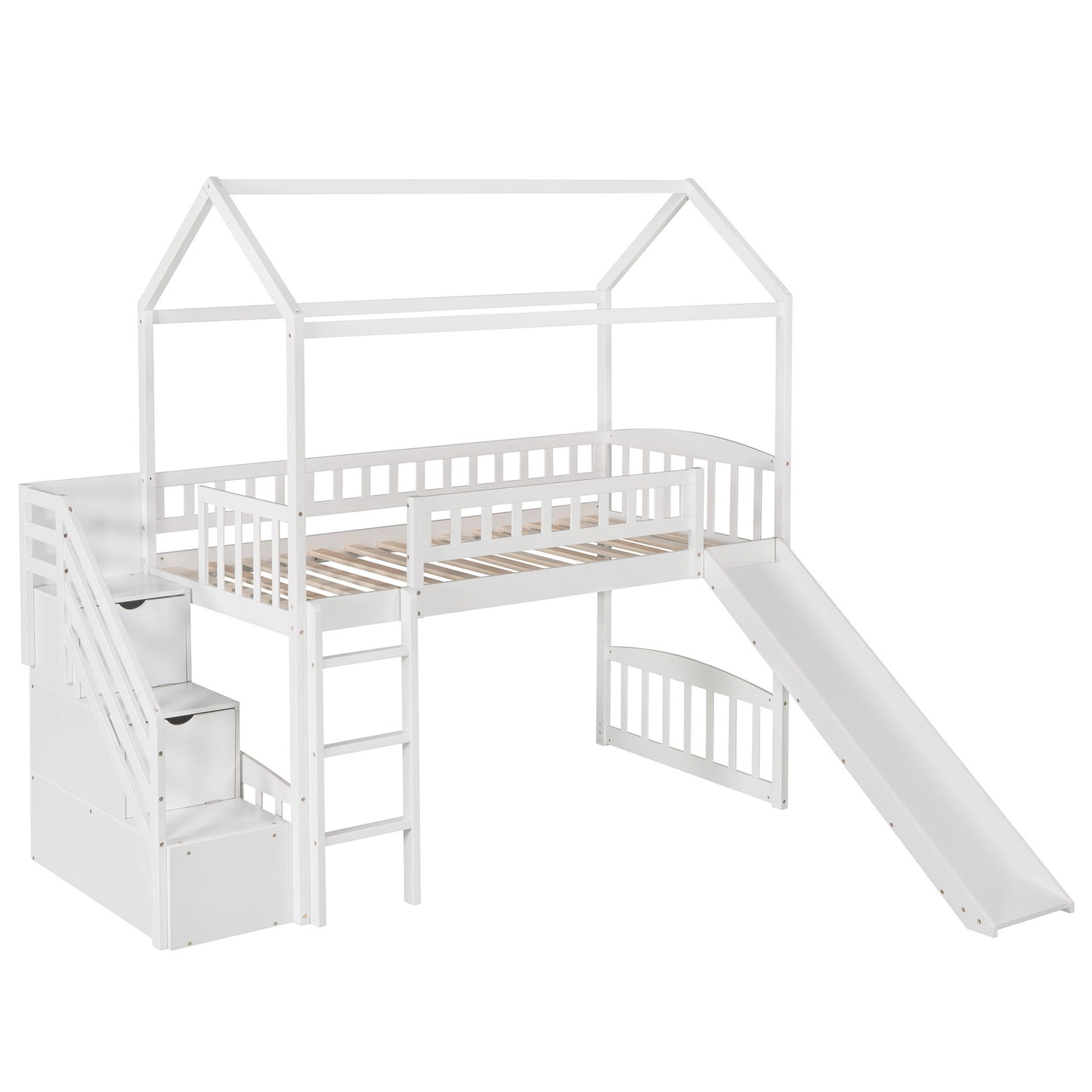 Twin Loft House Bed With 2 Drawers And Slide - White