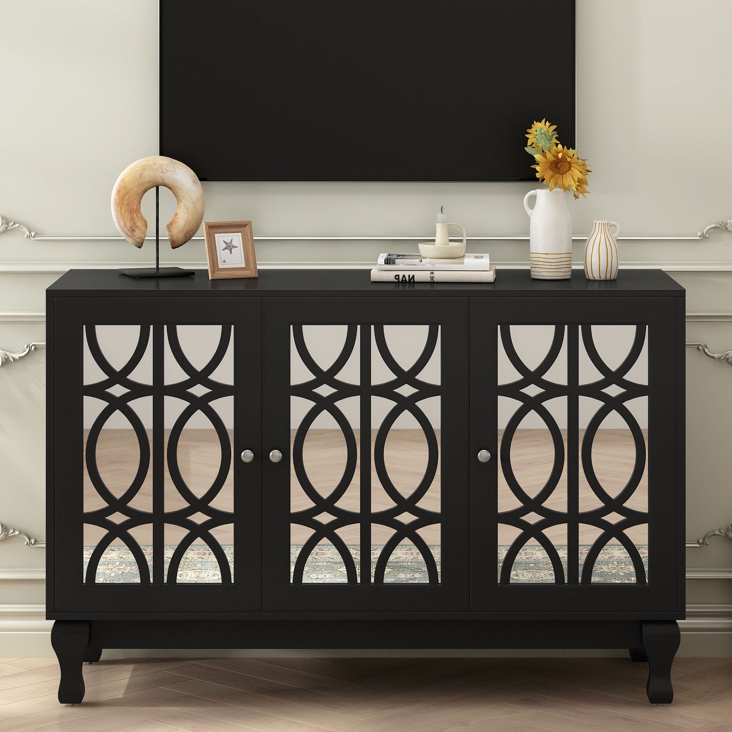 Modern Mirrored TV Stand For TV Up To 55", Entertainment Center Solid Wood Legs, Metal Handle And 3 Adjustable Shelves For Living Room - Black
