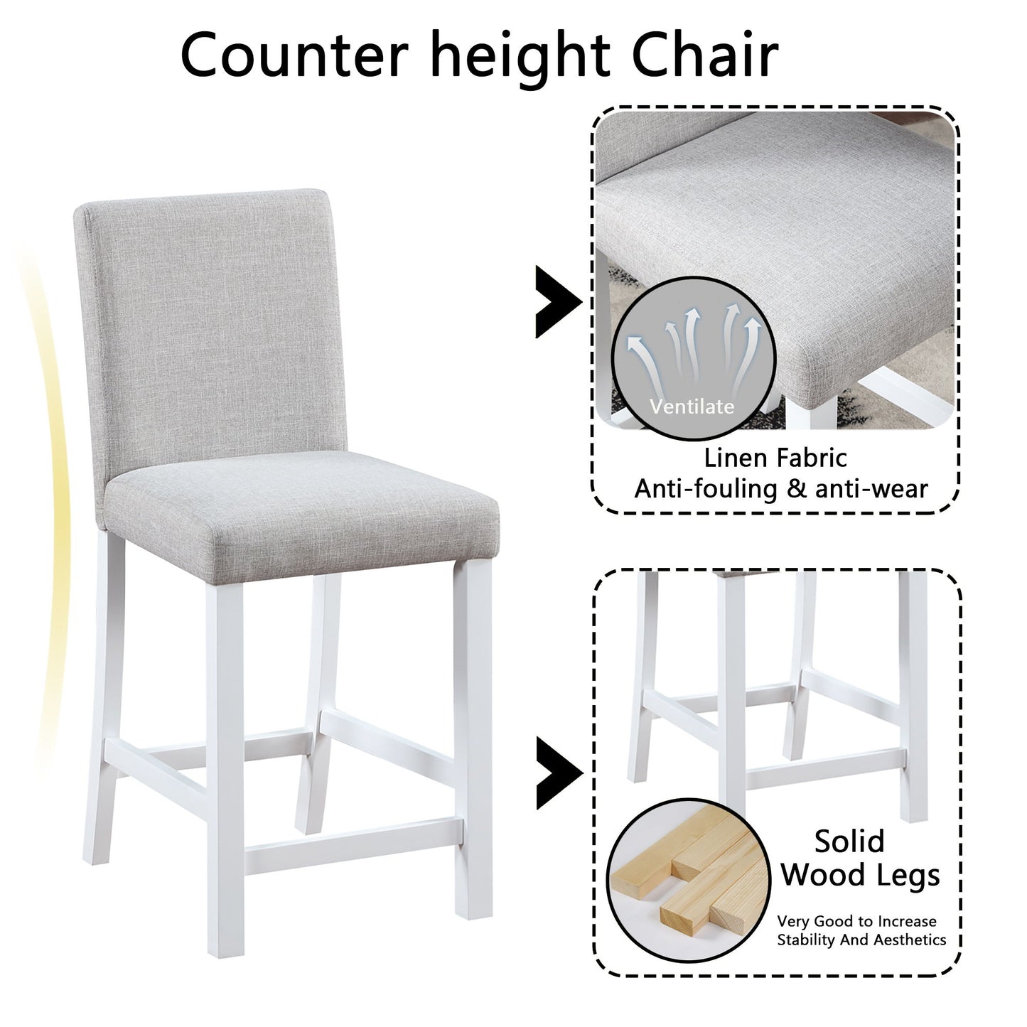 5 Piece Counter Height Table Set, Wooden Kitchen Table Set With Square Table And 4 Upholstered Chairs, Counter Height Dining Table With Crystal Decoration And Chair Set For Kitchen, Dining Room - White