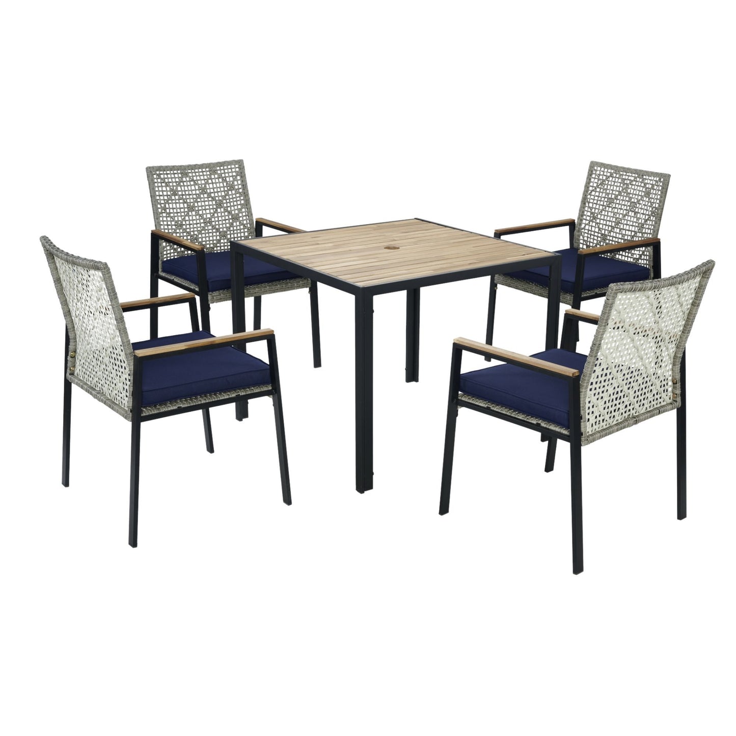 All Weather 5 Piece Patio Dining Table Sets With Acacia Wood Top And Umbrella Hole, Rattan Outdoor - Light Gray