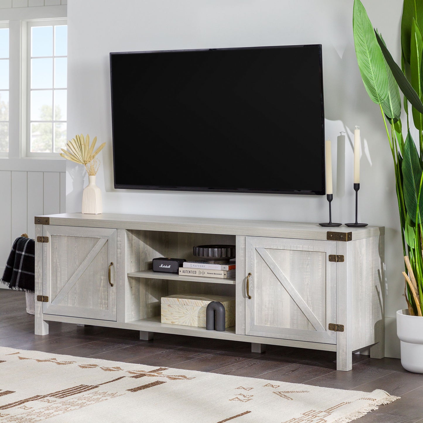 Rustic Farmhouse Double Barn Door 70" TV Stand For 80" TVs With Center Shelves - Stone Gray