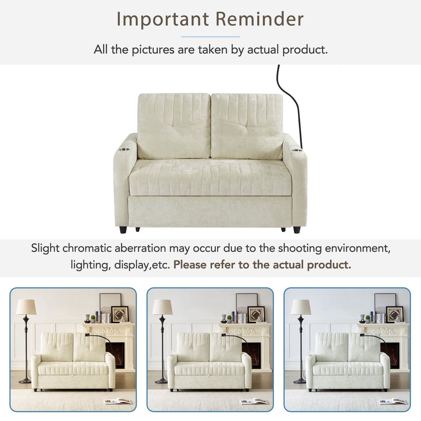 Modern Loveseat Pull Out Sofa Bed With Adjustable Backrest, Two Cup Holders, A Phone Holder, Three Charging Ports And Side Storage Pockets For Living Room - Beige