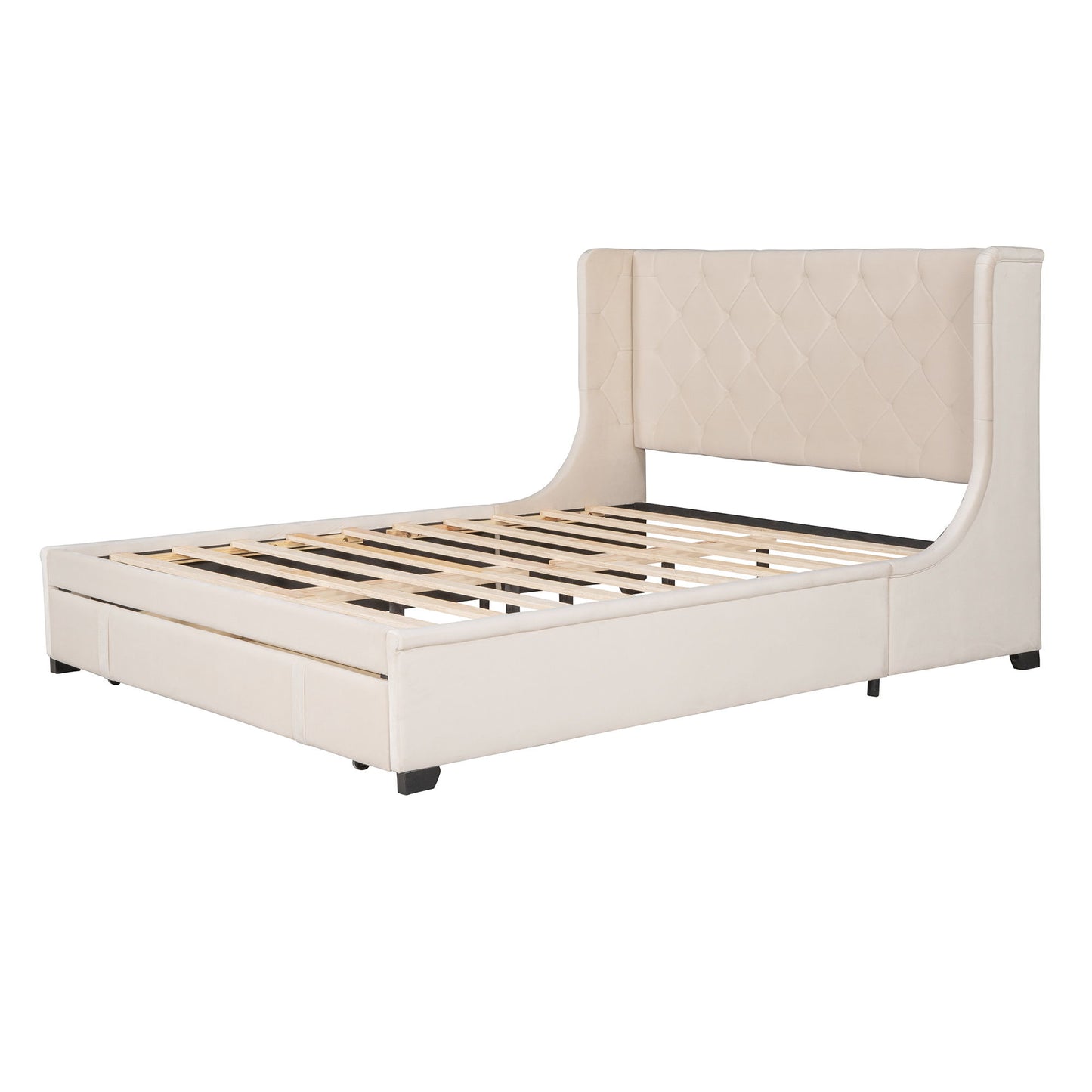 Queen Size Storage Upholstered Platform Bed With Wingback Headboard And A Big Drawer - Beige