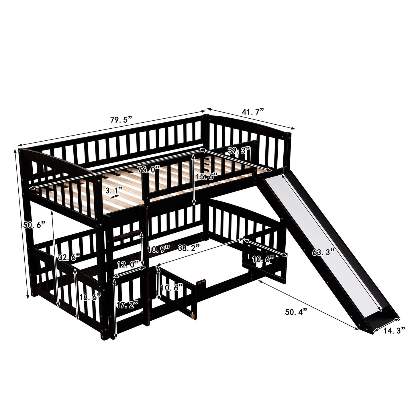 Twin Over Twin Low Bunk Bed With Slide, Fence And Ladder - Espresso