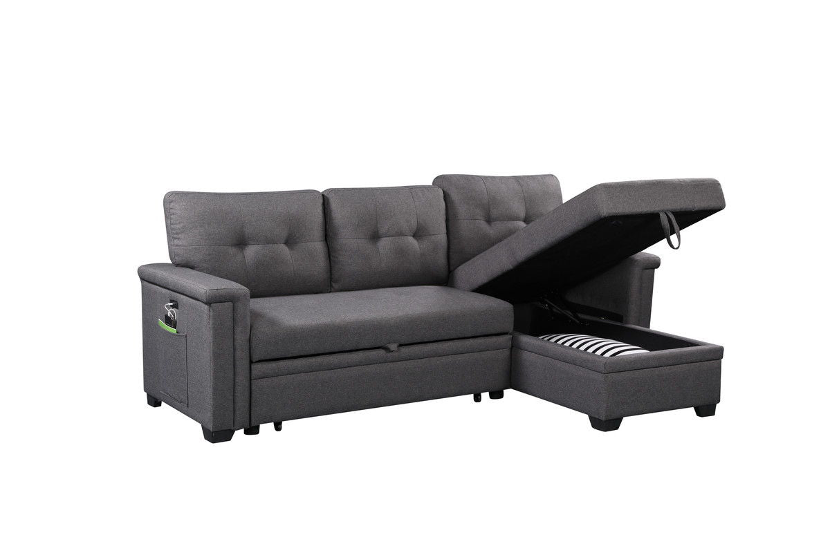 Ashlyn - Reversible Sleeper Sectional Sofa With Storage Chaise, USB Charging Ports nd Pocket - Dark Gray