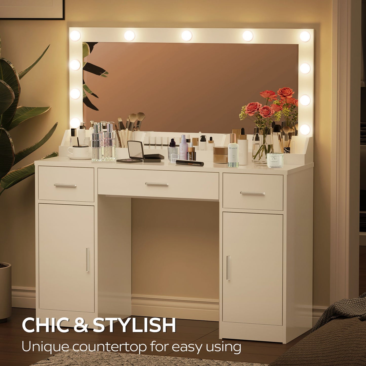 47.2" Vanity Desk With Large Mirror, 3 Colour Lighting Modes, Adjustable Brightness, Dresser With 3 Drawers & 2 Vertical Cabinets, Makeup Vanity Table For Women & Girls - White