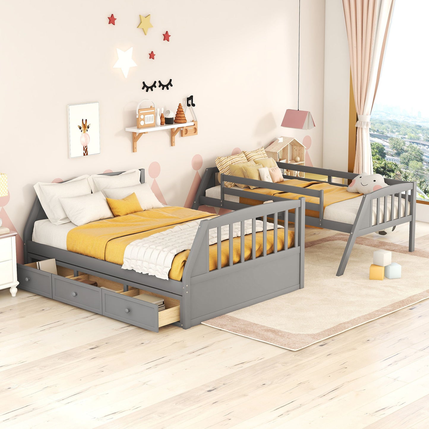 Twin Over Full Bunk Bed With Drawers, Ladder And Storage Staircase - Gray