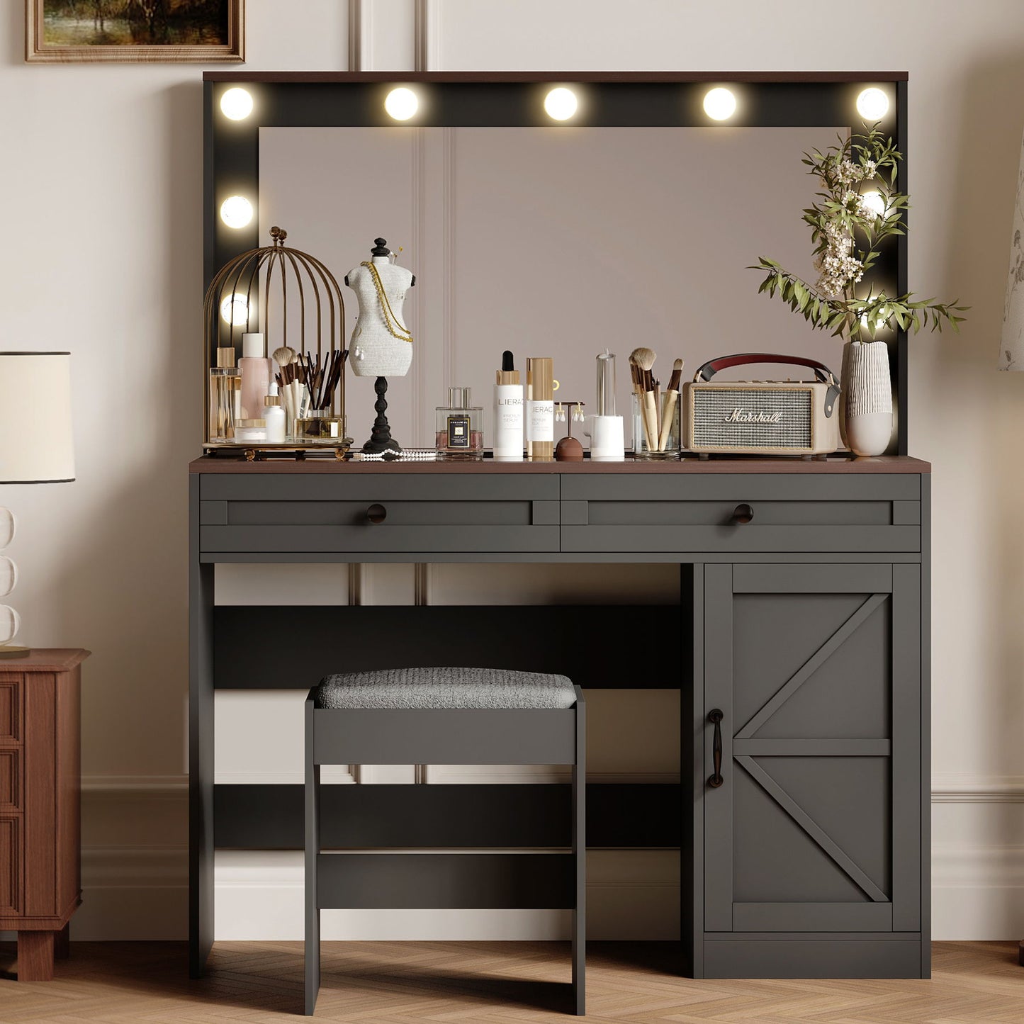 Makeup Vanity Table, Makeup Table With Large Mirror And 11 LED Light, Brightness Adjustable, Dressing Table Desk With 3 Drawers, Vanity Desk For Women (With Stool) - Black