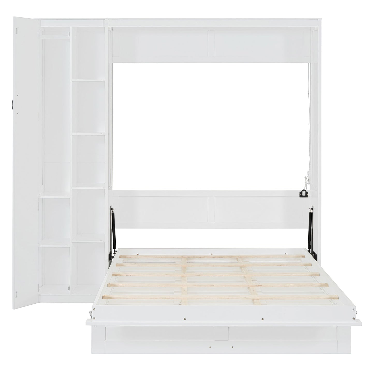 Full Size Murphy Wall Bed With Shelves, Wardrobe And LED Lights - White