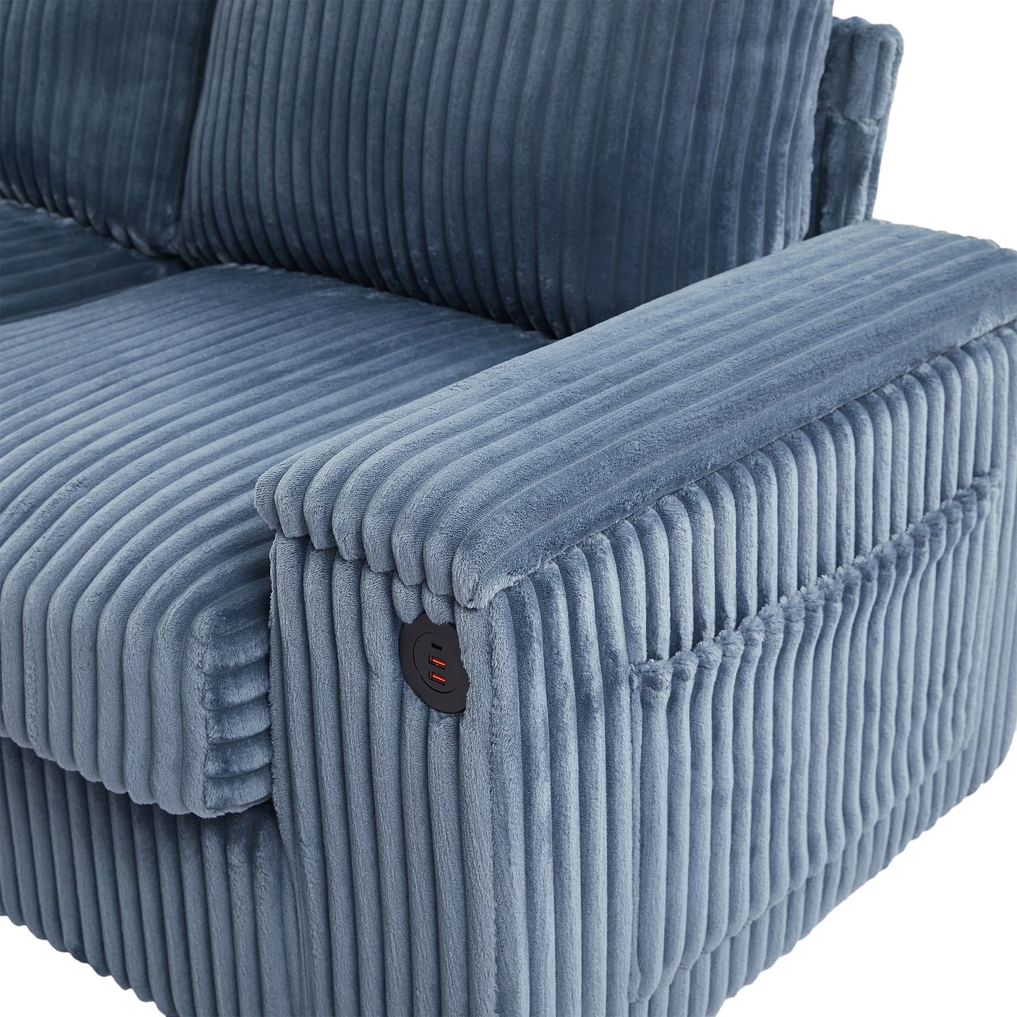 Modern 4 Seater Corduroy Sofa Couch With USB Ports, Hidden Storage, Flip Top Cup Holders - Blue