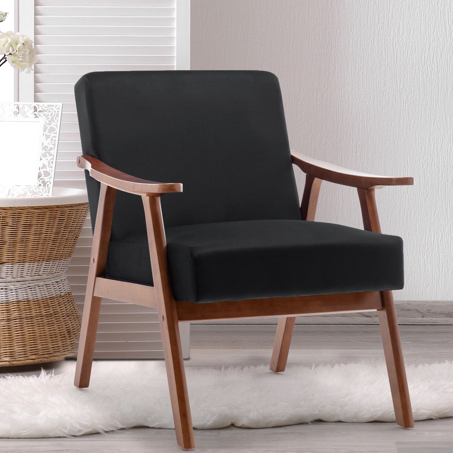 Mid Century Modern Wingback Accent Chair With Solid Wood Frame And Extra Thick Backrest - Lounge Chair For Living Room, Bedroom - Black