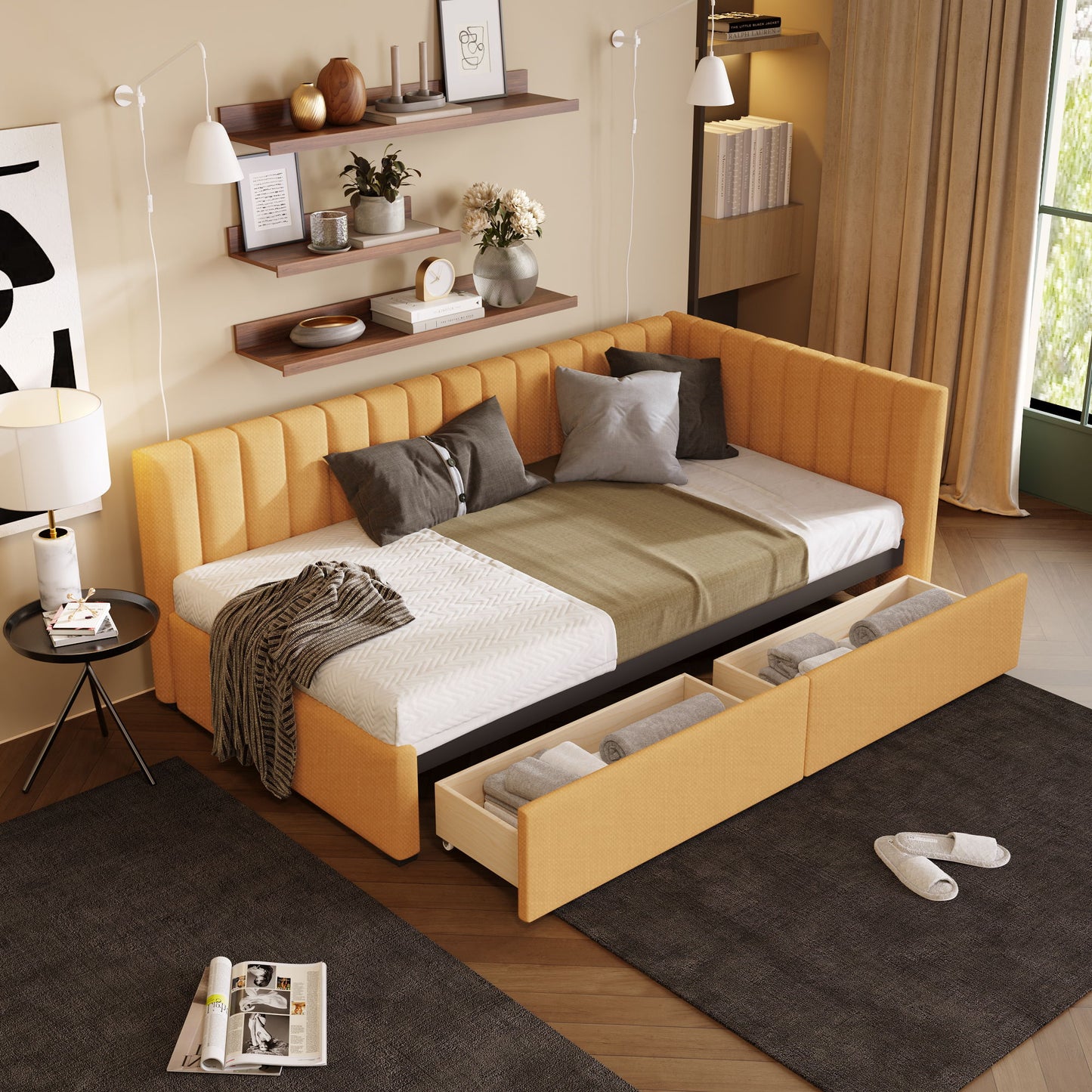 Twin Size Upholstered Daybed With 2 Storage Drawers, Sofa Bed Frame No Box Spring Needed - Yellow
