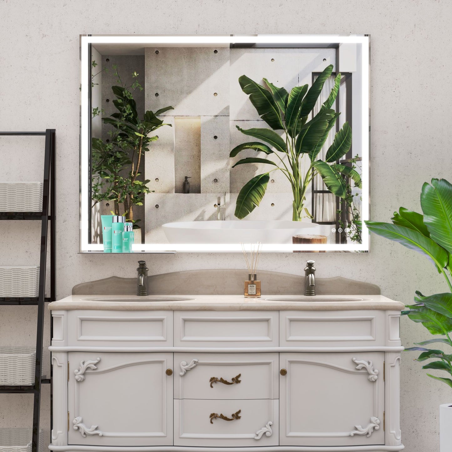 LED Bathroom Vanity Mirror Wall Mounted, Adjustable White / Warm / Natural Lights Anti-Fog Touch Switch With Memory Modern Smart Large Bathroom Mirrors - Silver