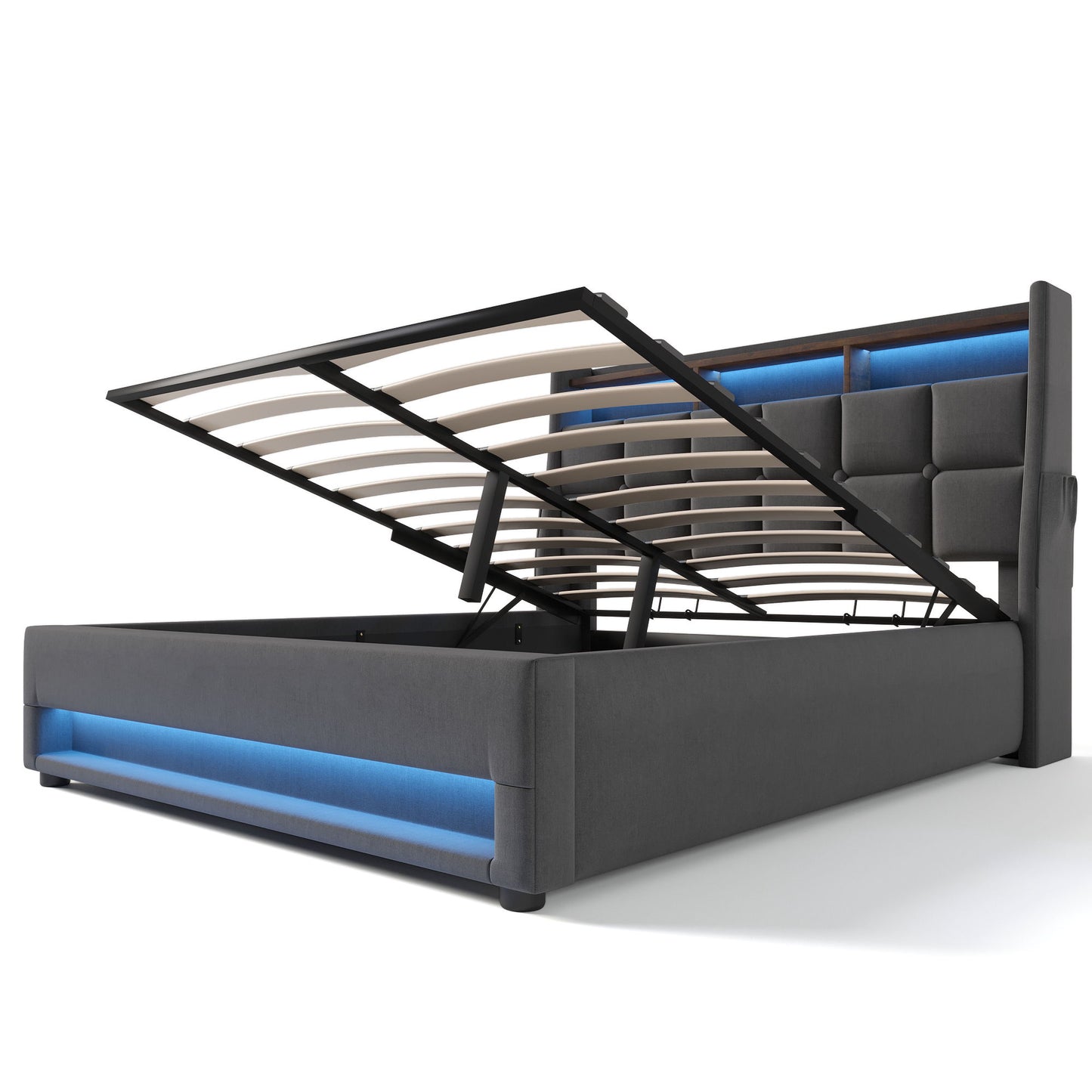 Queen Size Upholstered Platform Bed With A Hydraulic Storage System, LED And USB Charging (Without Mattress) - Gray