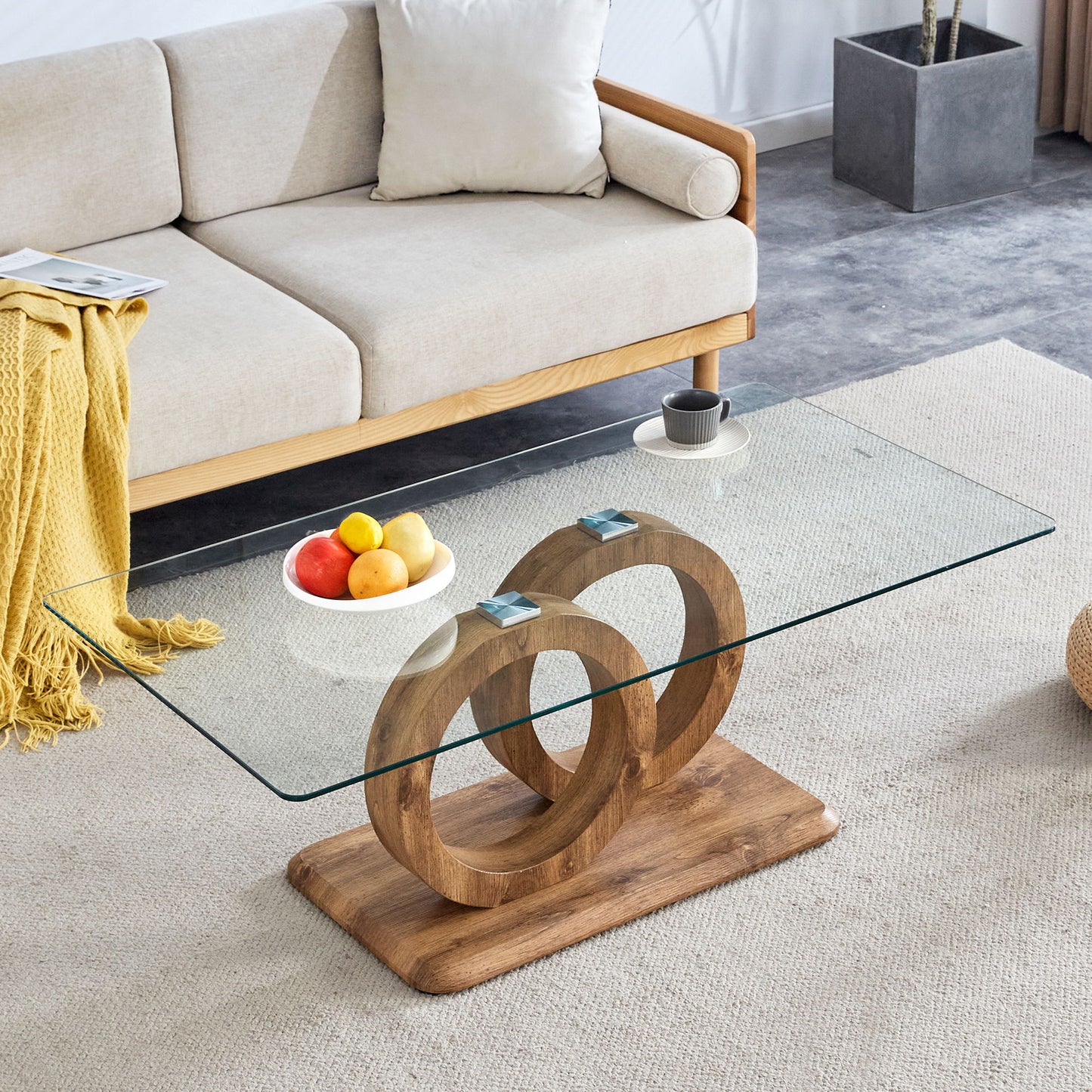Modern Style Glass Top Coffee Table With Base Suitable For Living Rooms And Lounge Areas - Natural Wood