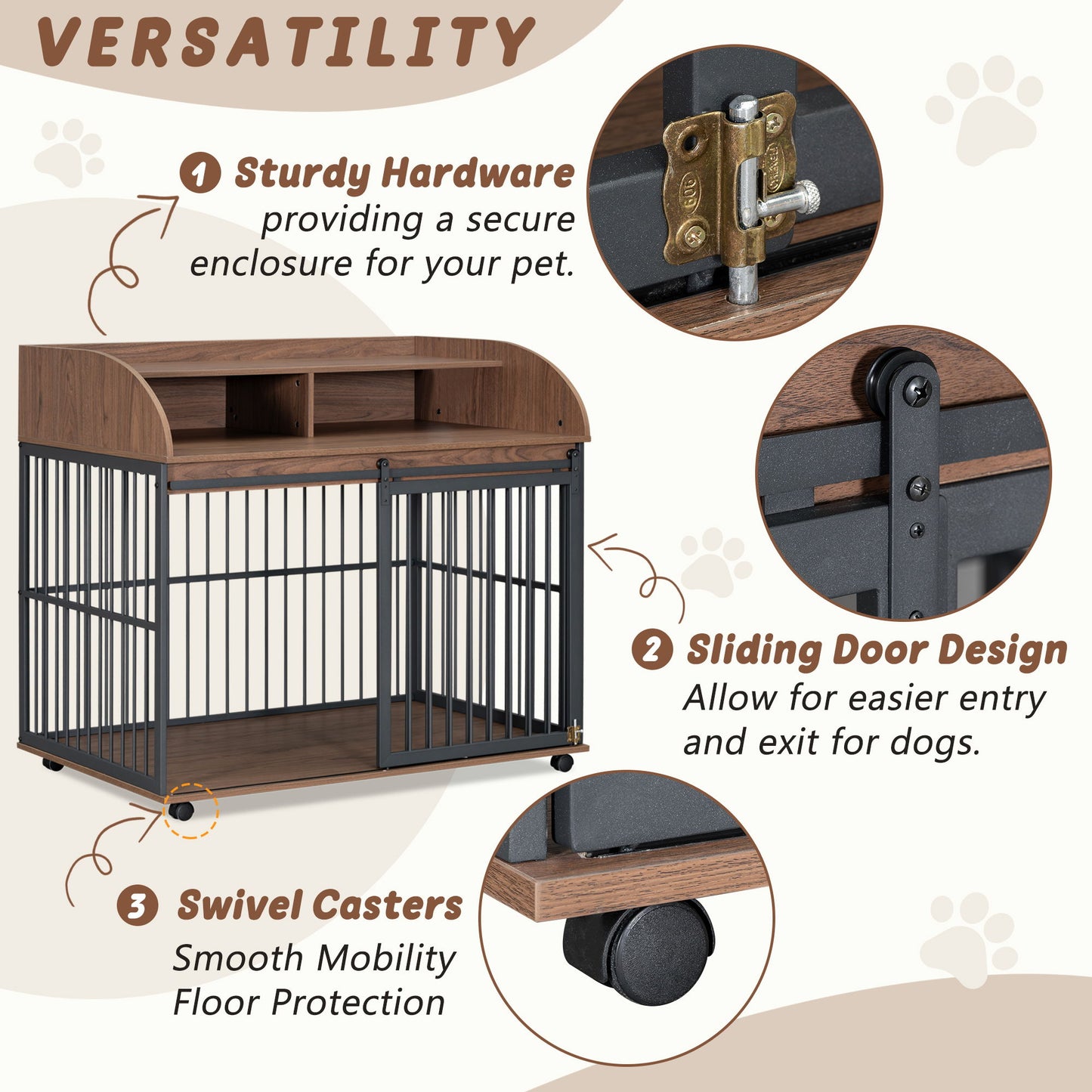 Heavy Duty Large Dog Crate Furniture For Large Medium Dog With Lockable Wheels, Wooden Dog Crate Dog Kennel, End Table Crate With Double Layer Storage - Brown