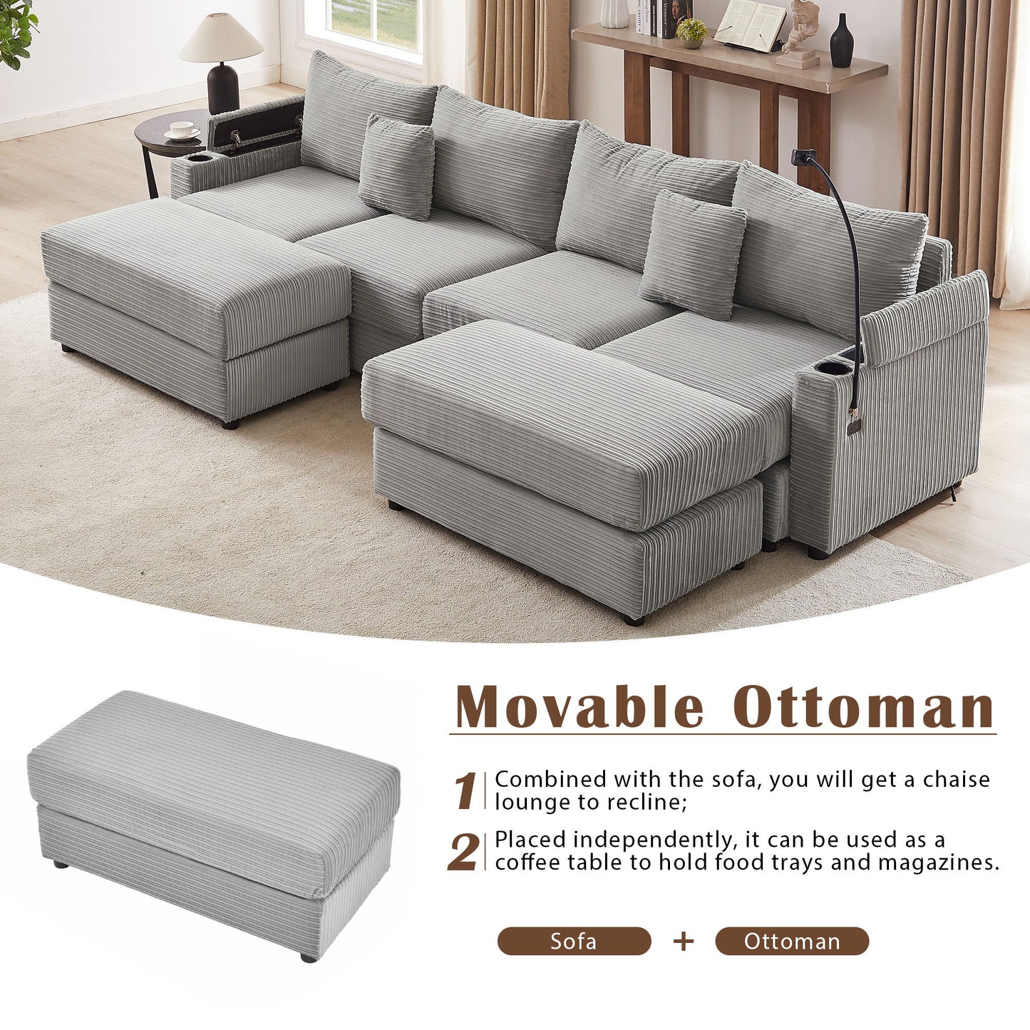 Modern Style 4 - Seater Sofa Sectional Sofa Couch With Storage Space, Two Movable Ottomans, Two USB Ports, Two Cup Holders, A Phone Holder For Living Room - Gray