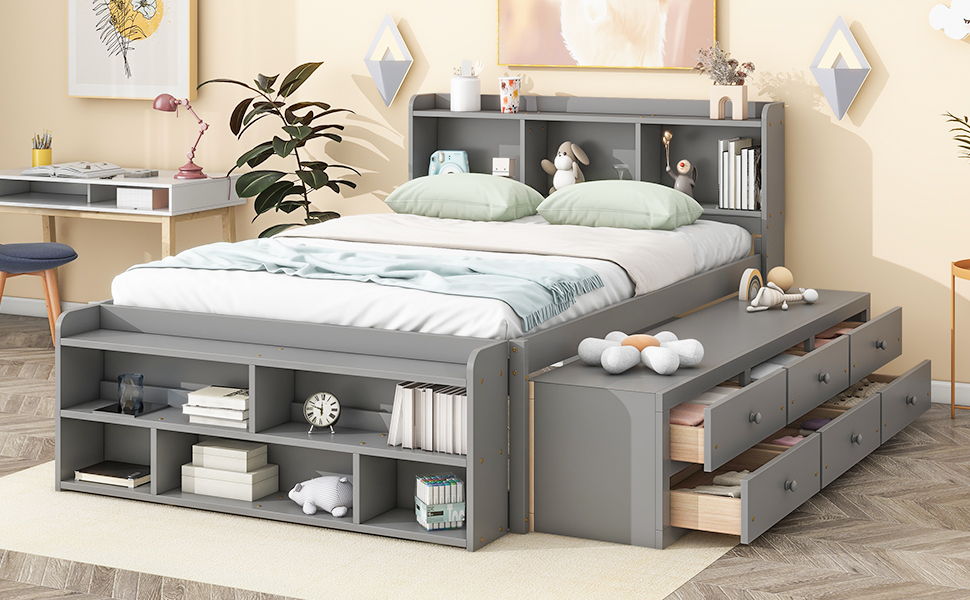 Full Bed With Bookcase Headboard, Under Bed Storage Drawers And Bed End Storage Case - Gray