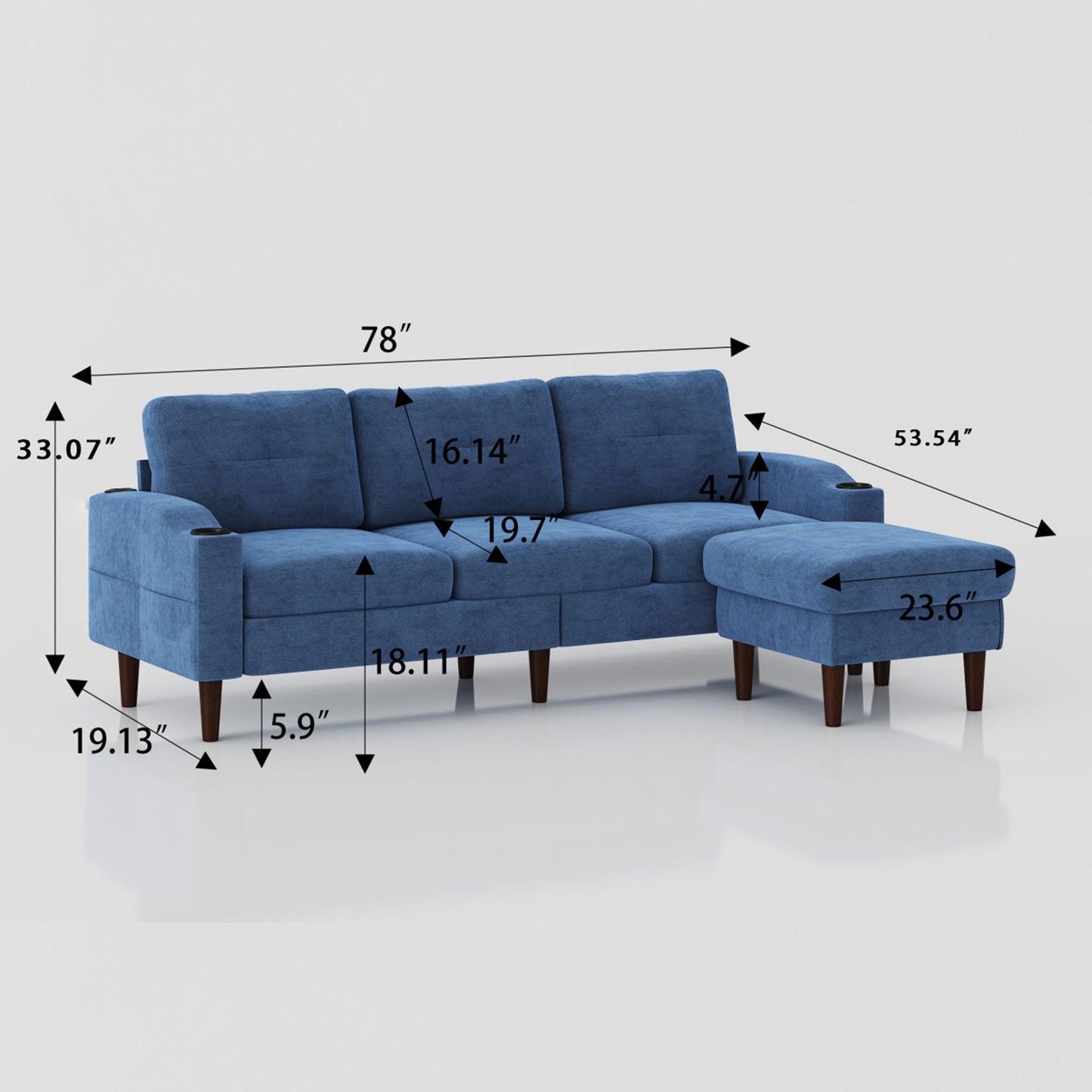 Convertible Combination Sofa, Sofa L Shaped, Sofa With Storage Cabinet Footstool, Living Room Sofa, Living Room 3 Seater Combination Sofa - Navy Blue