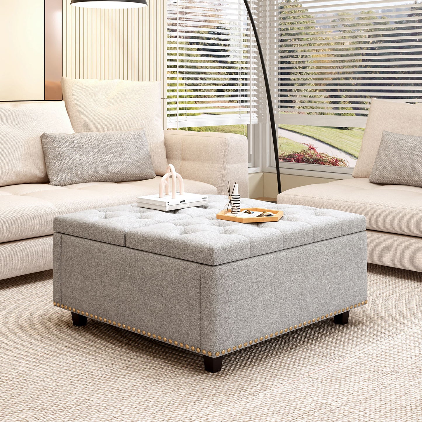 Large Square Storage Bench, Footstool With 2 Storage Doors, Mid - Century Modern Coffee Table For Living Room, Nailhead Inlay - Light Gray