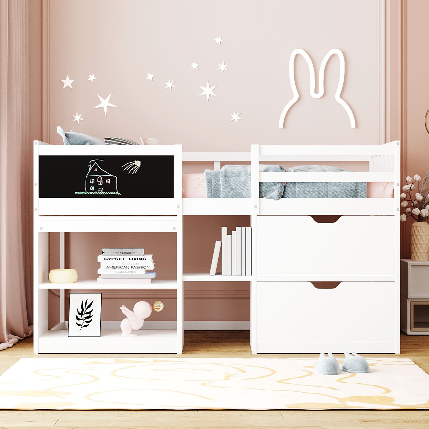 Twin Size Low Loft Bed With Rolling Desk, Shelf And Drawers - White