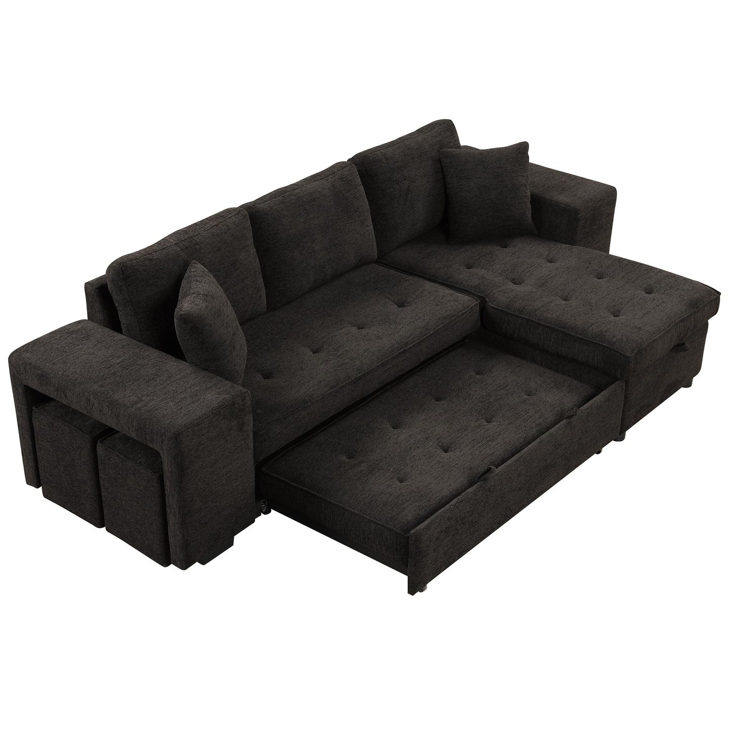 Modern L-Shape 3 Seat Reversible Sectional Couch, Pull Out Sleeper Sofa With Storage Chaise And 2 Stools For Living Room Furniture Set - Charcoal Gray