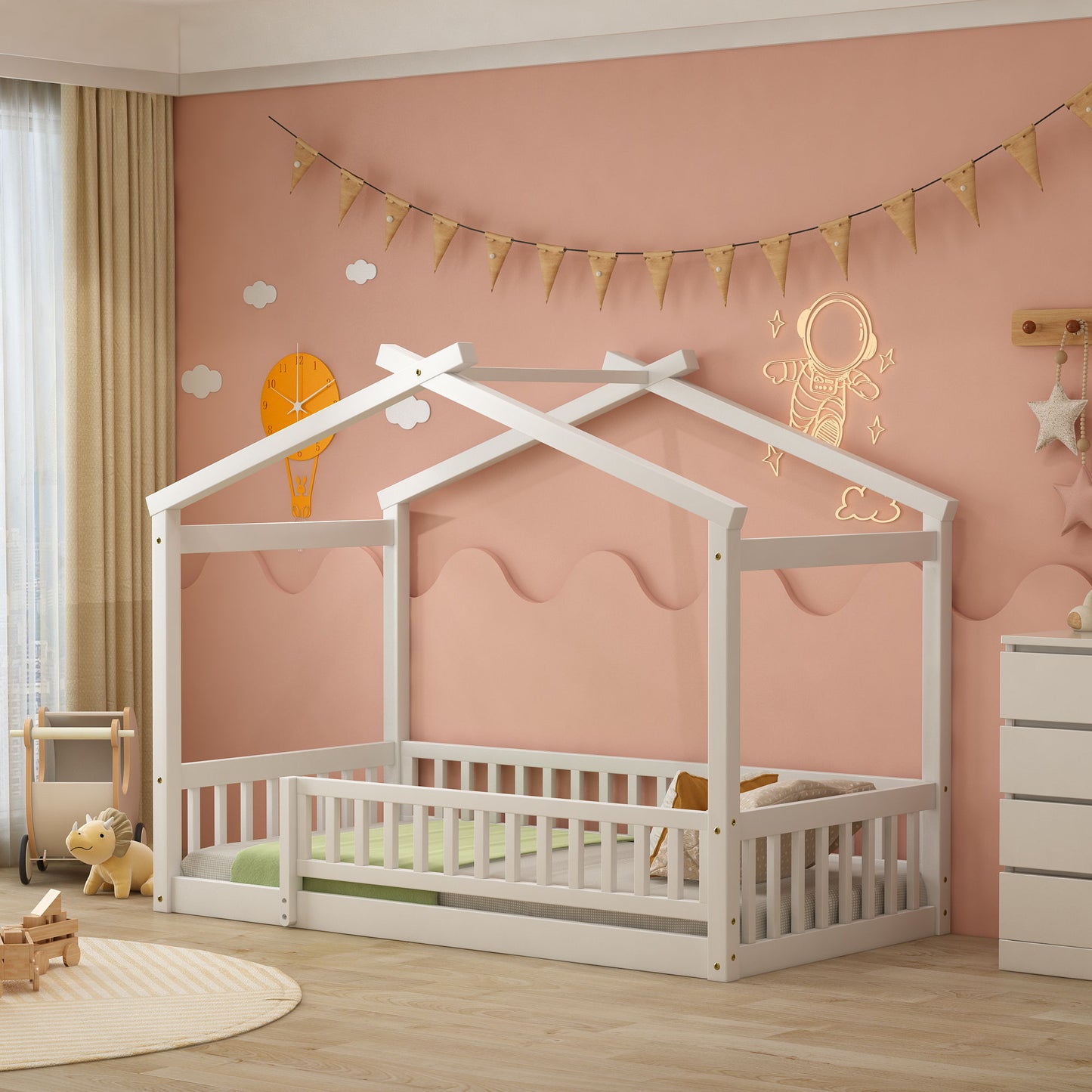 Twin Size Bed House Bed Frame & Fence - White