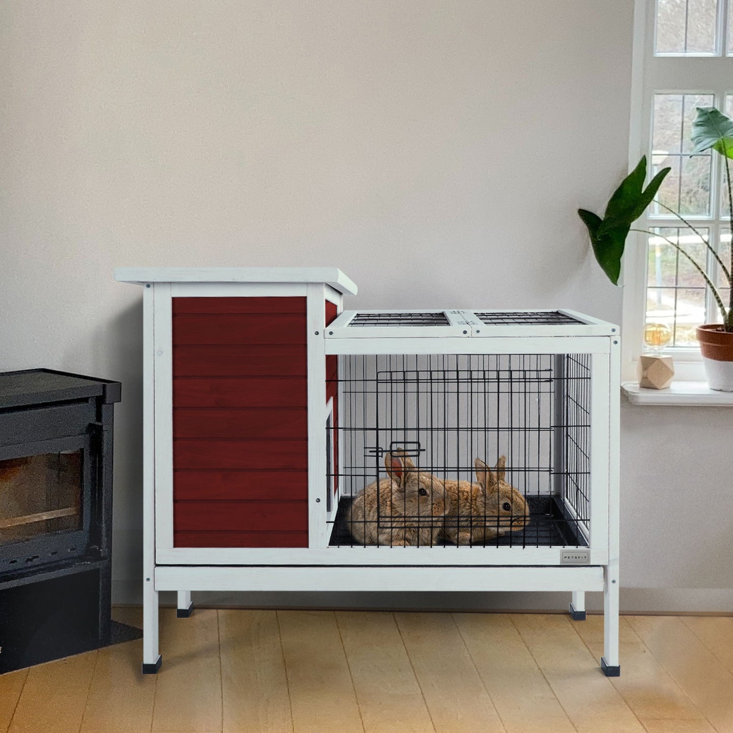 Two Tier Wooden Indoor / Outdoor Rabbit Cage For Small Animals With Runway And Leak-Proof Plastic Tray - Red
