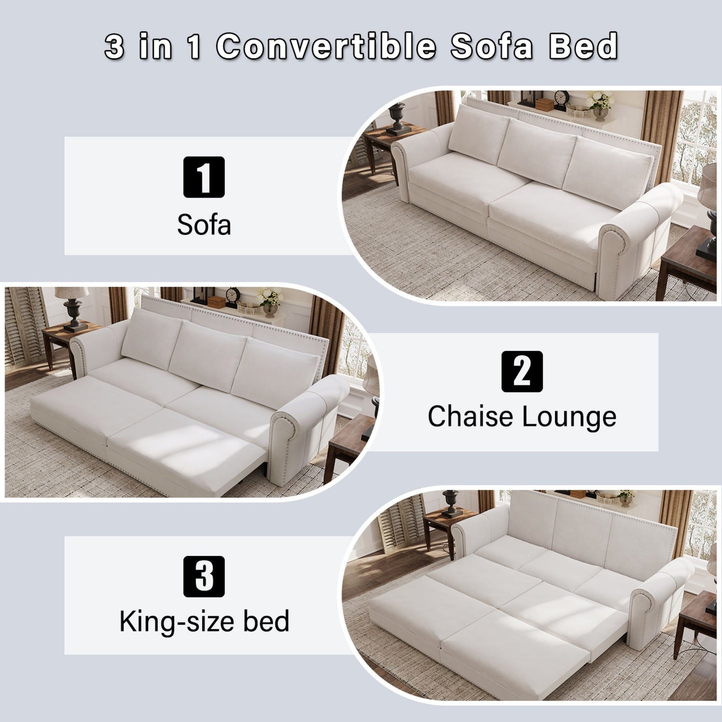 King Pull Out Sofa Bed, Chesterfield Sofa, 3 In 1 Velvet Convertible Sleeper Sofa With Nailhead Trim & Rolled Arm, Multifunctional Sofa Bed For Living Room - Beige