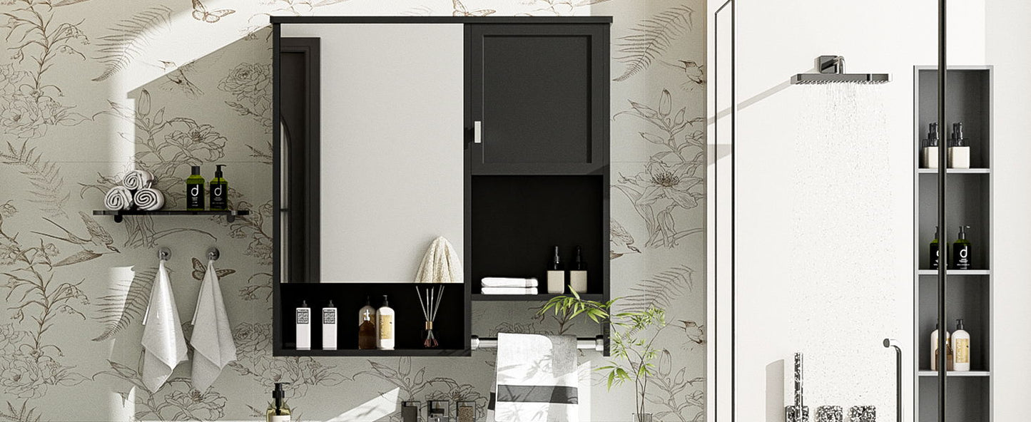 Modern Wall Mounted Bathroom Medicine Cabinet, Bathroom Wall Storage Cabinet With Mirror, Over The Toilet Space Saver Cabinet With Towels Bar - Black