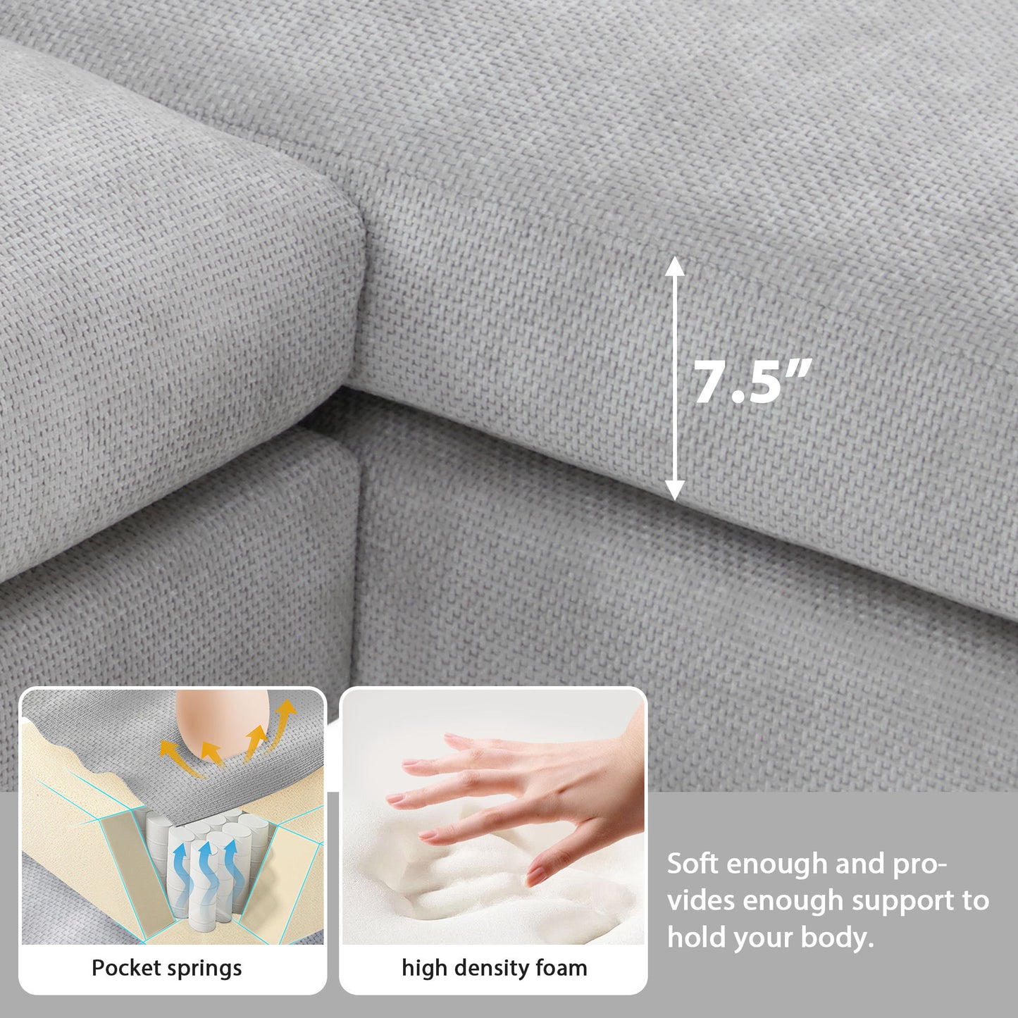 Modern Oversized Sectional Sofa, L-Shaped Luxury Couch Set With 2 Free Pillows, 5 Seat Chenille Indoor Furniture With Chaise - Light Gray