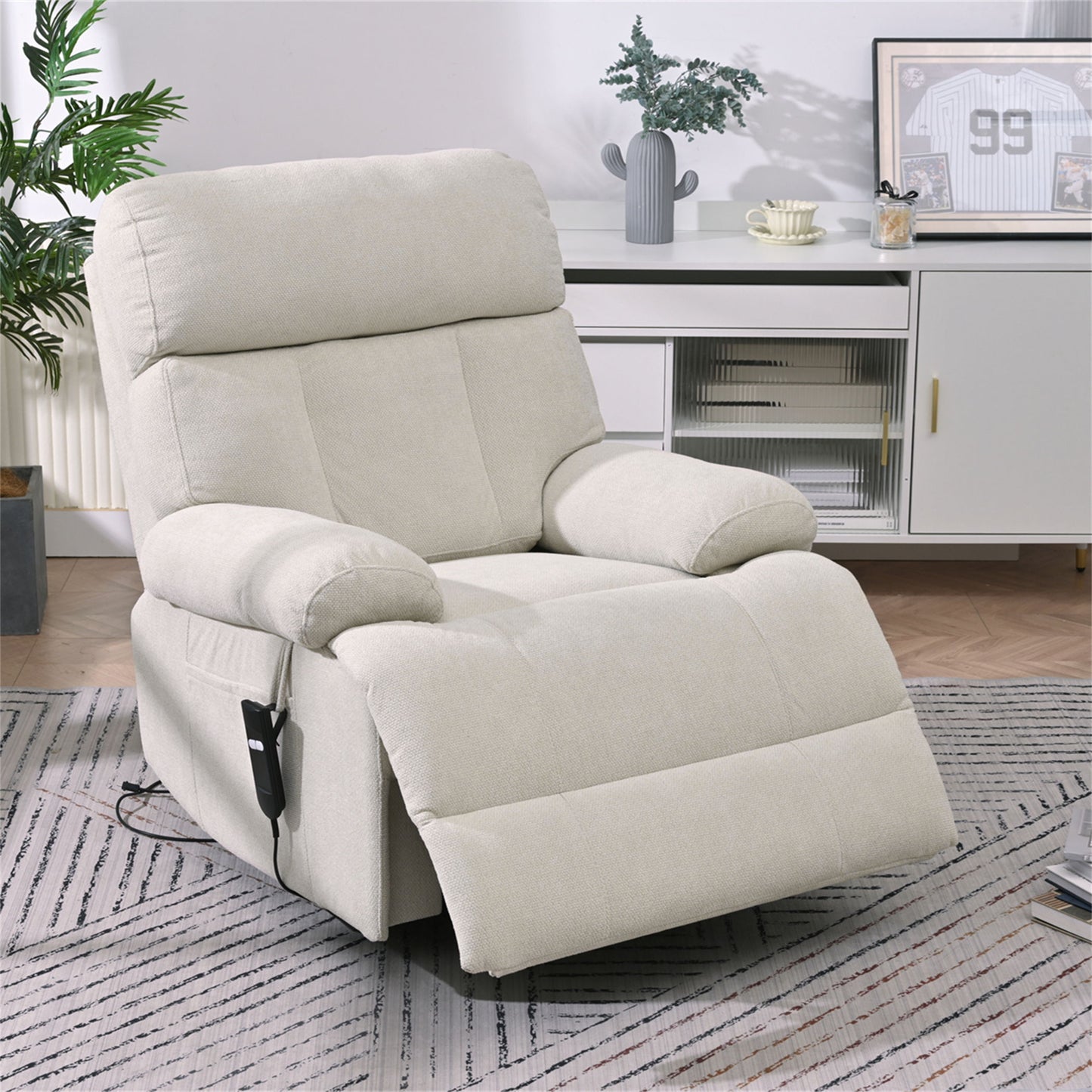 Oversized Power Lift Recliner Chair - Electric Fabric Reclining Sofa Chair With Remote Control, Side Pocket, And Spacious Seat For Home Theater - Light Gray