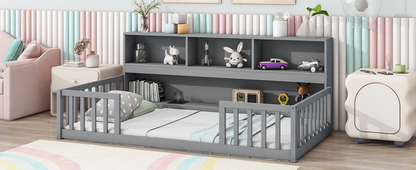 Twin Floor Bed With Bedside Bookcase, Shelves, Guardrails - Gray
