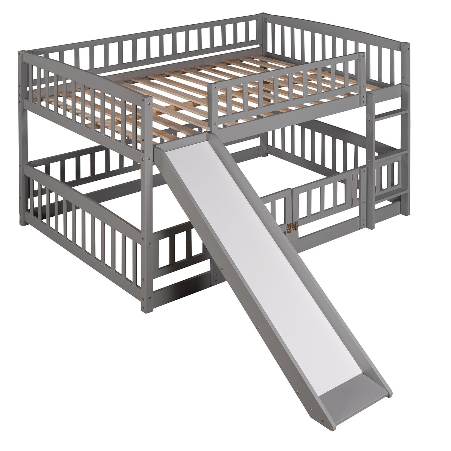 Full Over Full Low Bunk Bed With Slide, Fence And Ladder - Gray