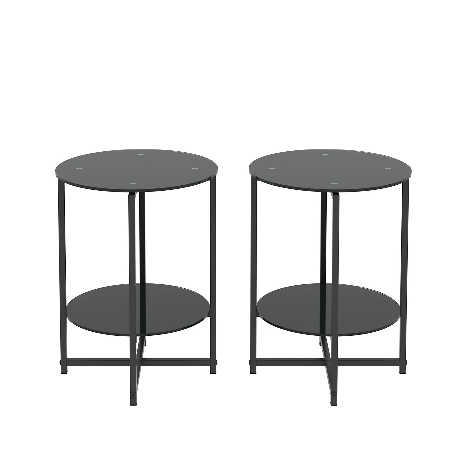 Tempered Glass End Table (Set of 2), Round Coffee Table For Bedroom Living Room Office - Black