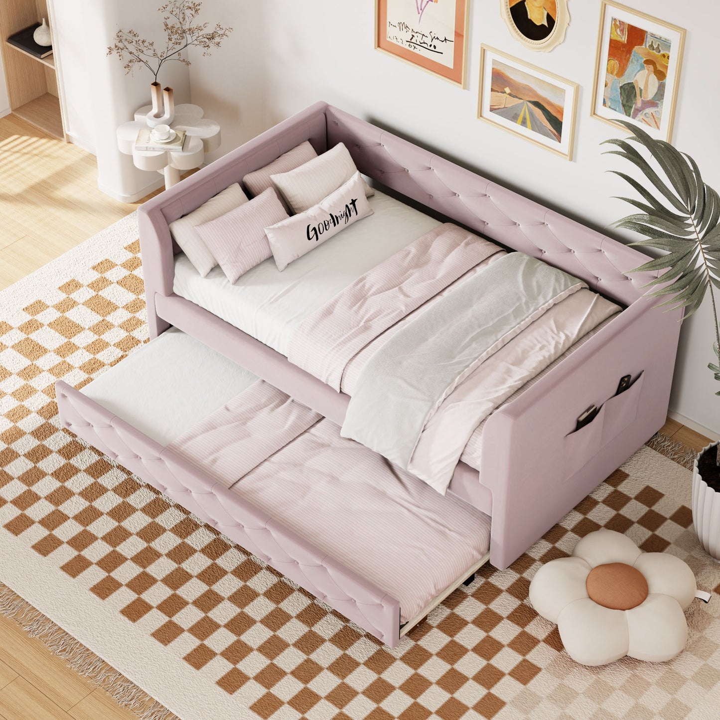 Twin Size Upholstered Tufted Daybed With Trundle - Pink