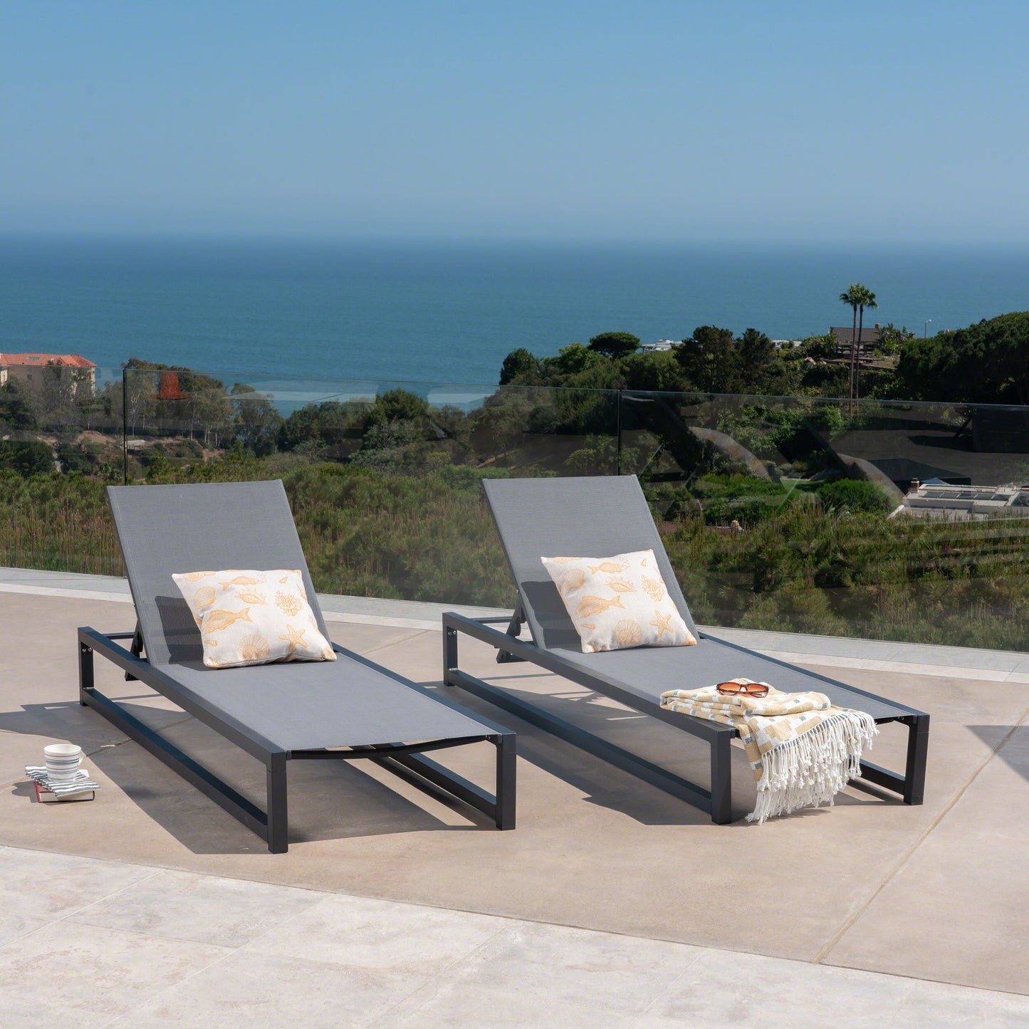 Chaise Lounge (Set of 2), Outdoor Patio Lounge Chairs With 5 Reclining Positions - Black / Gray