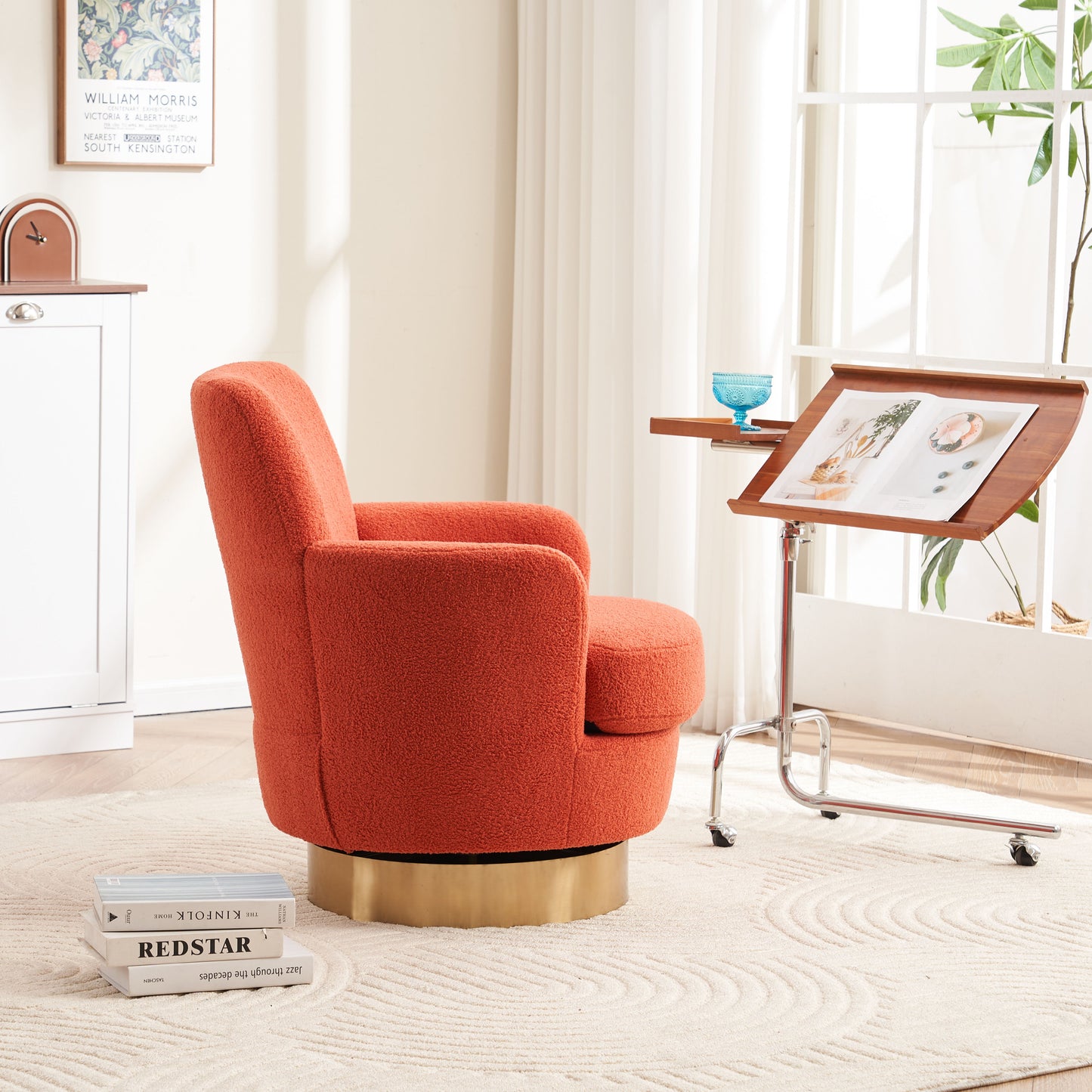 Teddy Swivel Barrel Chair, Swivel Accent Chairs Armchair For Living Room, Reading Chairs For Bedroom Comfy, Round Barrel Chairs With Gold Stainless Steel Base - Orange